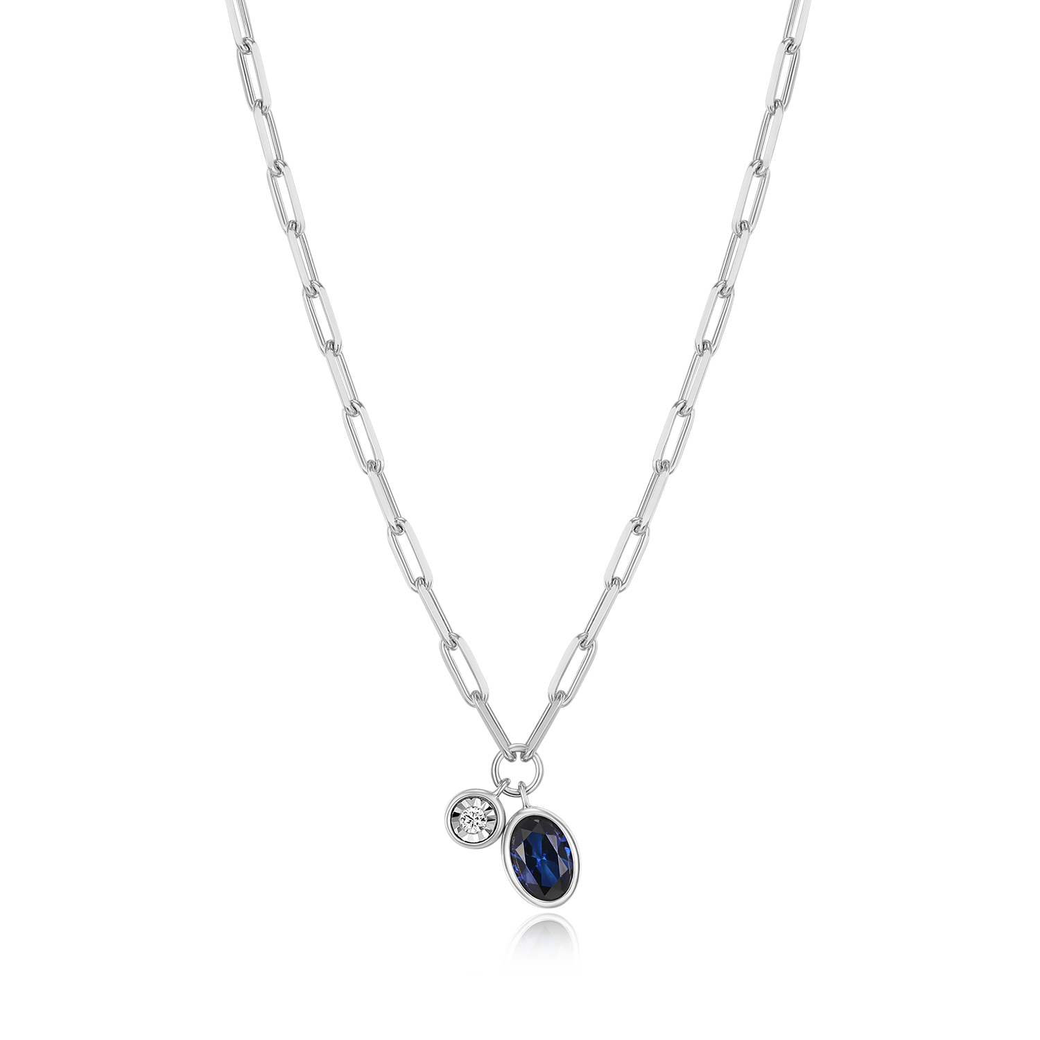 BN0229W - September Birthstone Lab-Created Sapphire & Lab-Created Diamond Mini Paperclip Necklace in Rhodium-Plated Sterling Silver