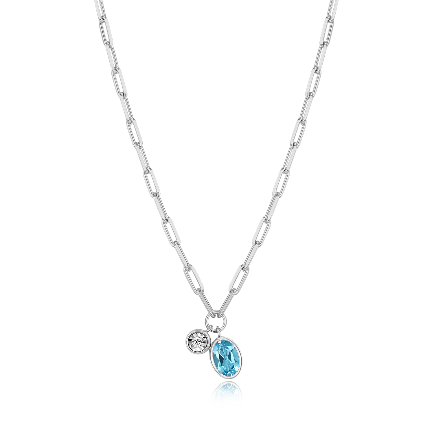 BN0223W - December Birthstone Genuine Blue Topaz & Lab-Created Diamond Mini Paperclip Necklace in Rhodium-Plated Sterling Silver
