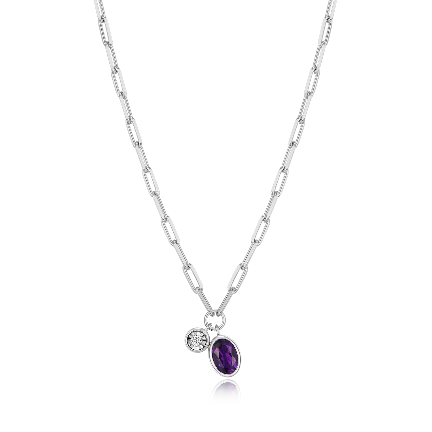 BN0222W - February Birthstone Genuine Amethyst & Lab-Created Diamond Mini Paperclip Necklace in Rhodium-Plated Sterling Silver