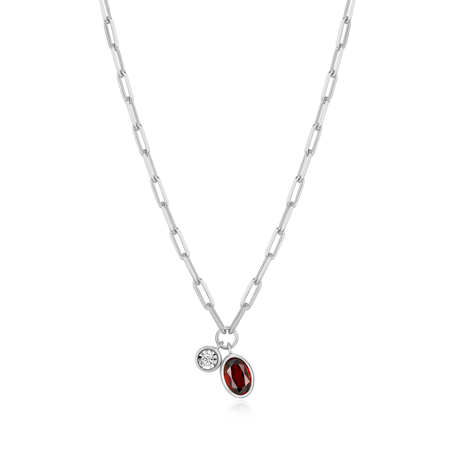 BN0221W - January Birthstone Genuine Garnet & Lab-Created Diamond Mini Paperclip Necklace in Rhodium-Plated Sterling Silver