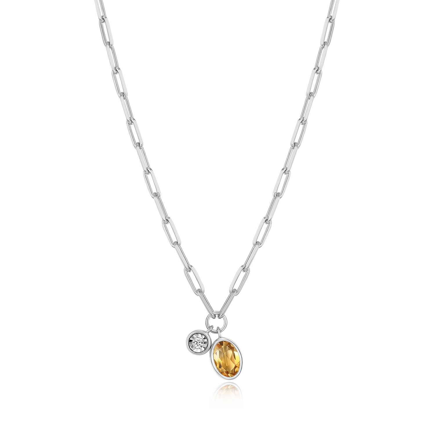 BN0231W - November Birthstone Genuine Citrine & Lab-Created Diamond Mini Paperclip Necklace in Rhodium-Plated Sterling Silver