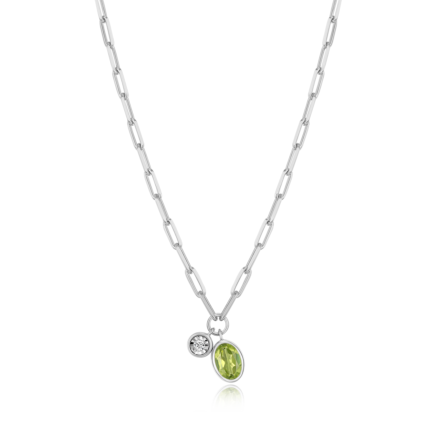 BN0228W - August Birthstone Genuine Peridot & Lab-Created Diamond Mini Paperclip Necklace in Rhodium-Plated Sterling Silver
