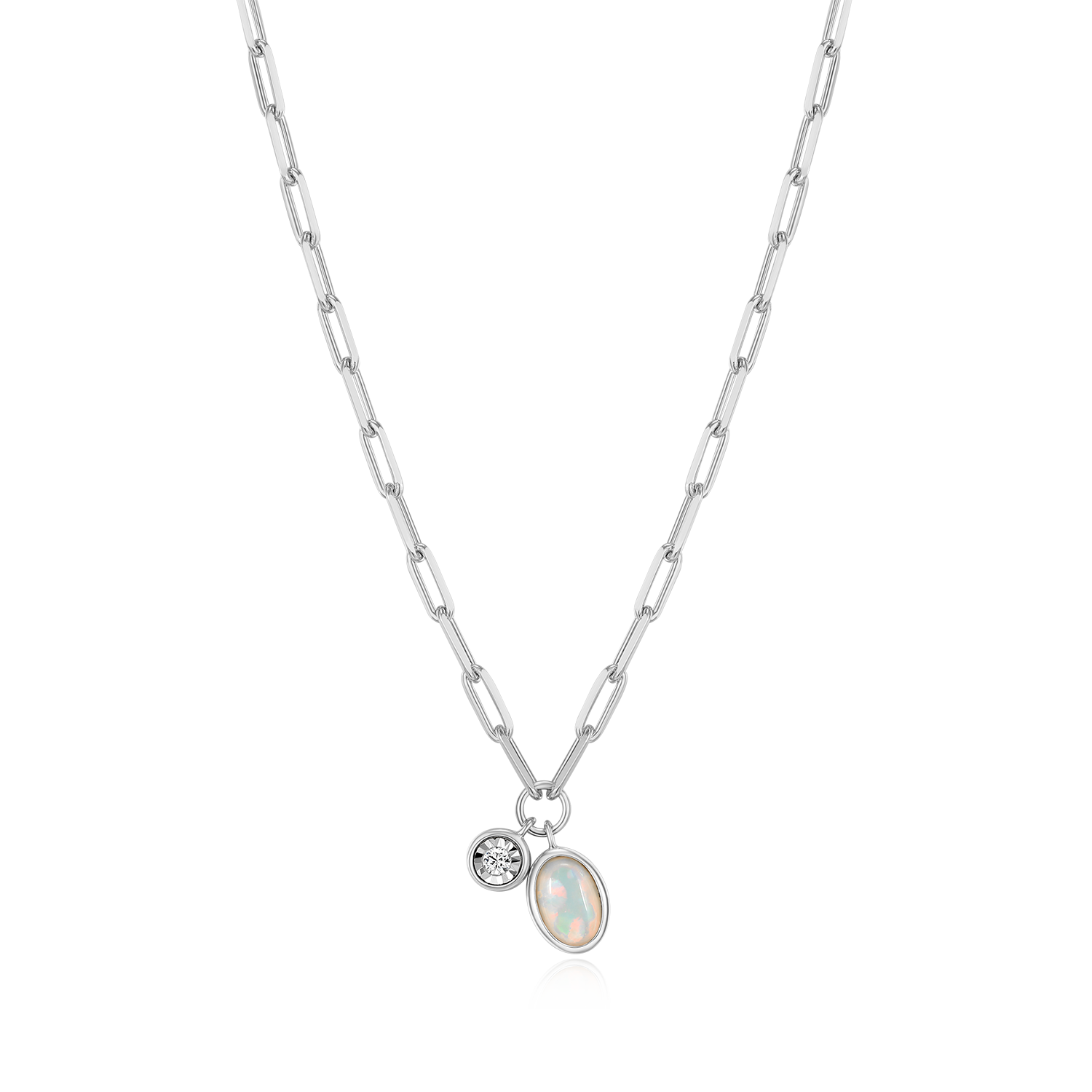 BN0230W - October Birthstone Lab-Created Opal & Lab-Created Diamond Mini Paperclip Necklace in Rhodium-Plated Sterling Silver