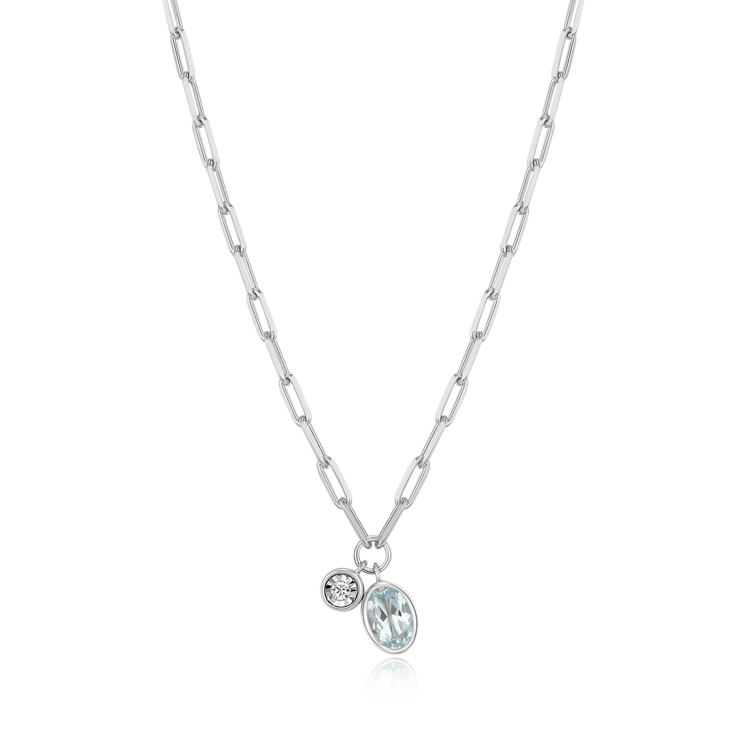 BN0232W - March Birthstone Genuine Aquamarine & Lab-Created Diamond Mini Paperclip Necklace in Rhodium-Plated Sterling Silver