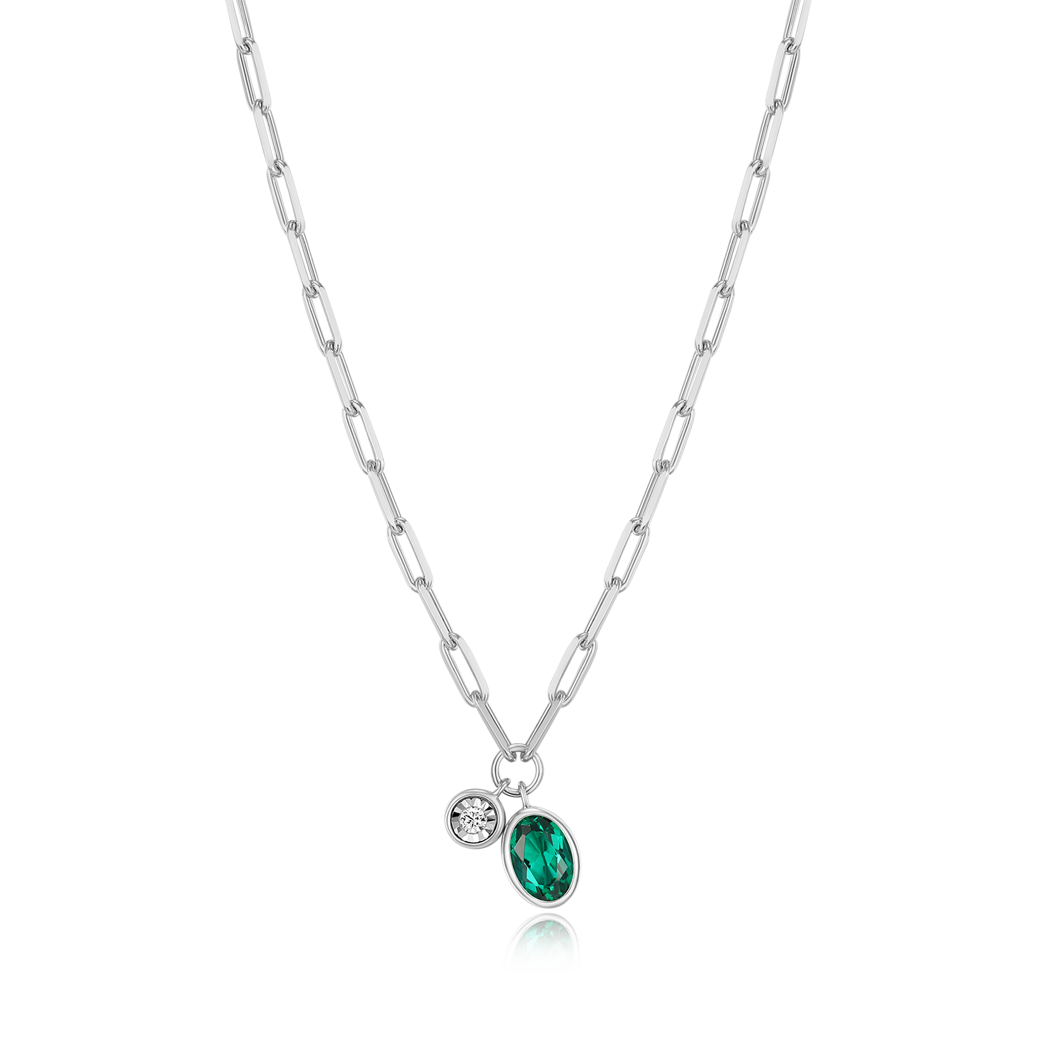 BN0225W - May Birthstone Lab-Created Emerald & Lab-Created Diamond Mini Paperclip Necklace in Rhodium-Plated Sterling Silver