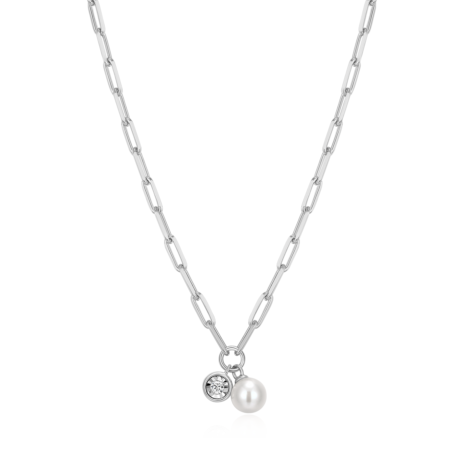 BN0226W - June Birthstone Freshwater Pearl & Lab-Created Diamond Mini Paperclip Necklace in Rhodium-Plated Sterling Silver