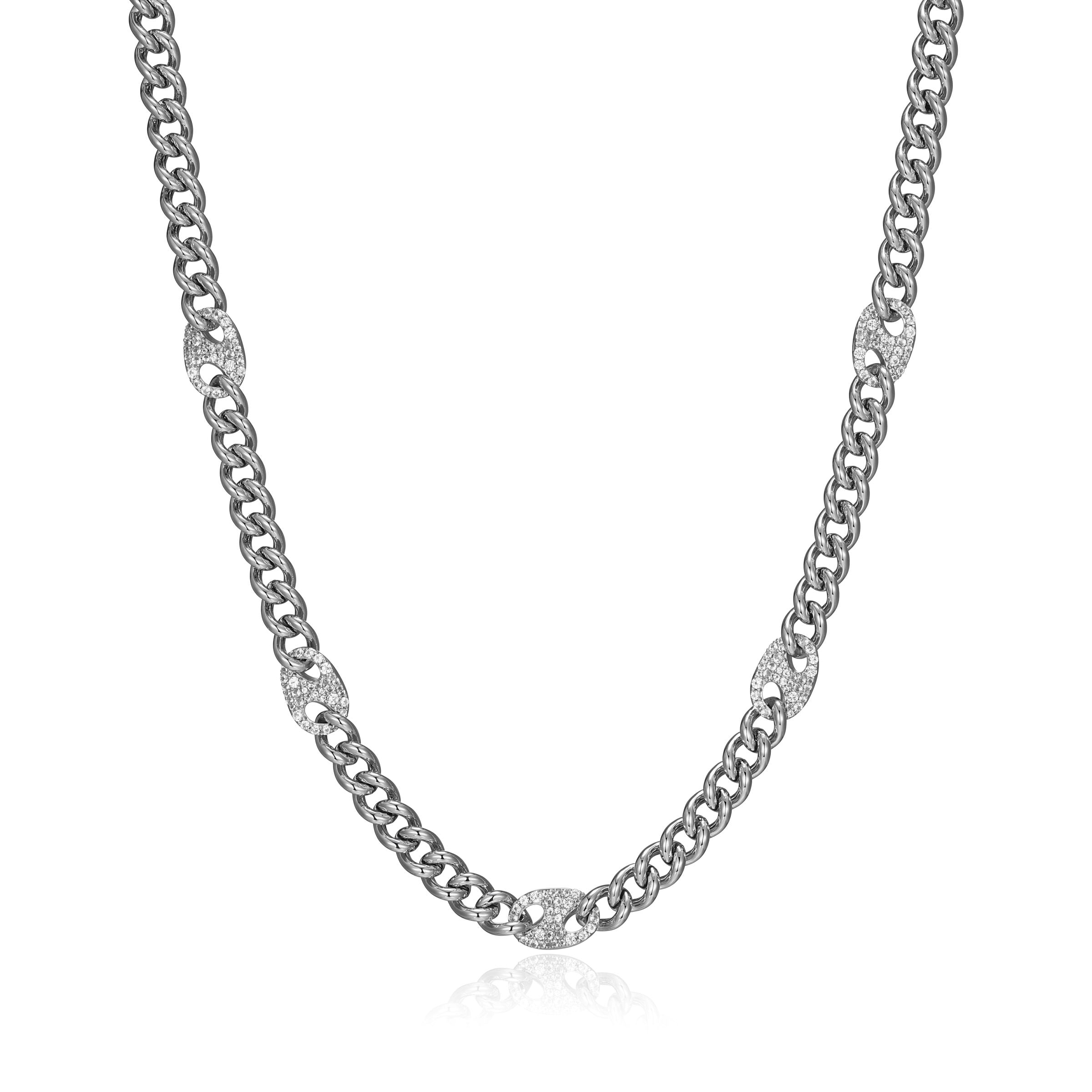 UN0080 - Links Lab - Created White Sapphire Mariner Station Cuban Chain Necklace in Rhodium - Plated Sterling Silver
