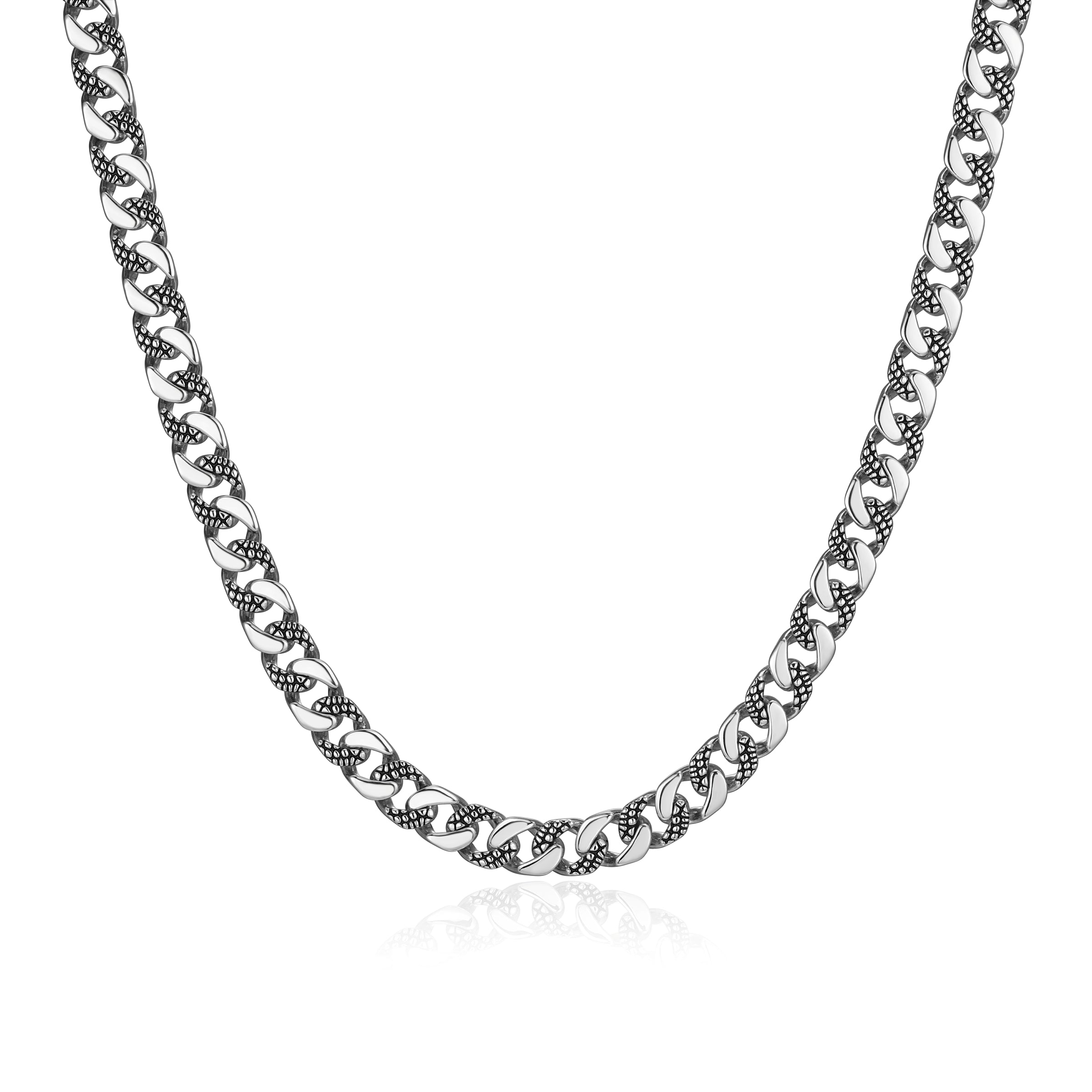 UN0094 - Reptile Design Cuban Link Chain Necklace in Rhodium - Plated Sterling Silver