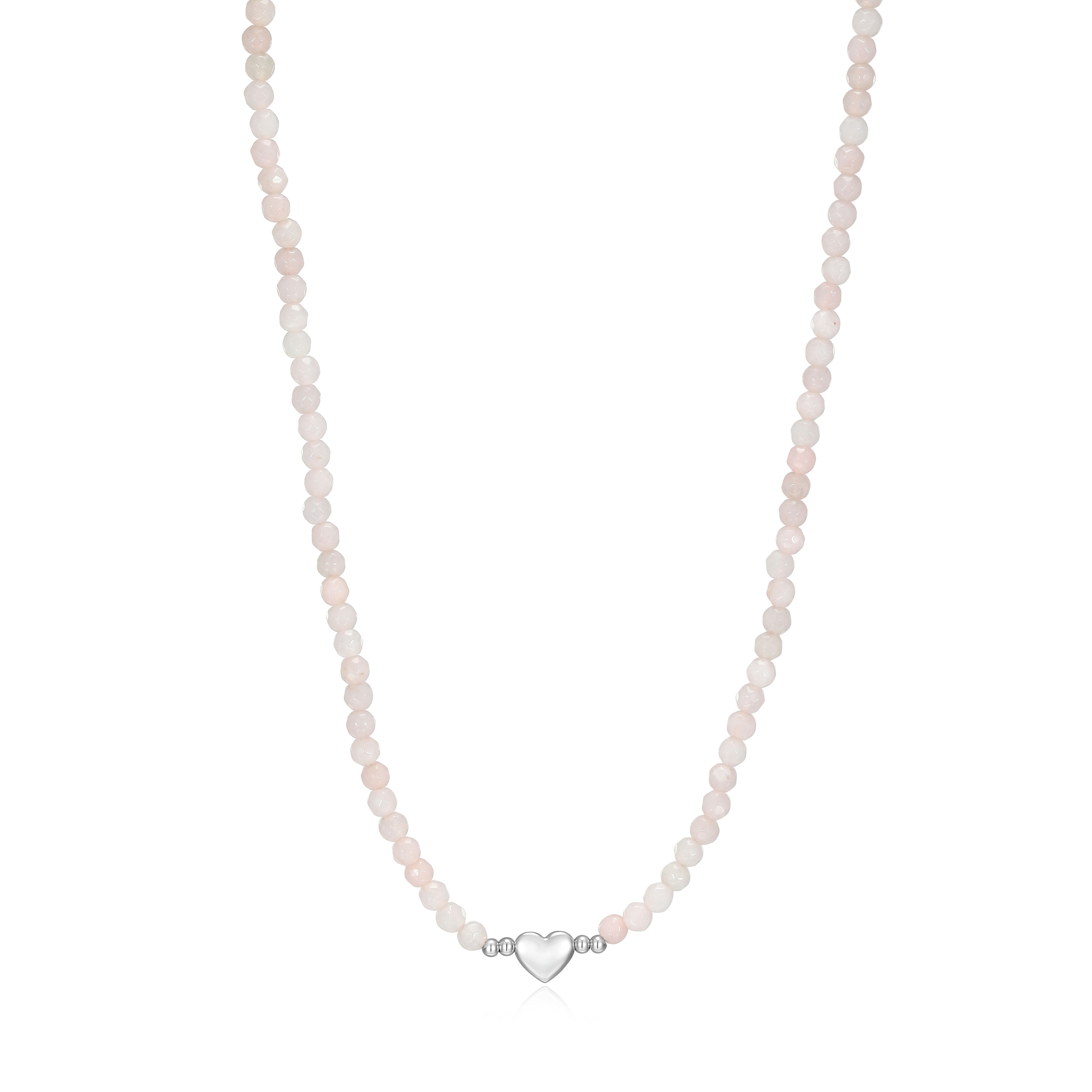 RN0204 - Genuine Dyed Pink Quartzite Beaded Heart Charm Necklace