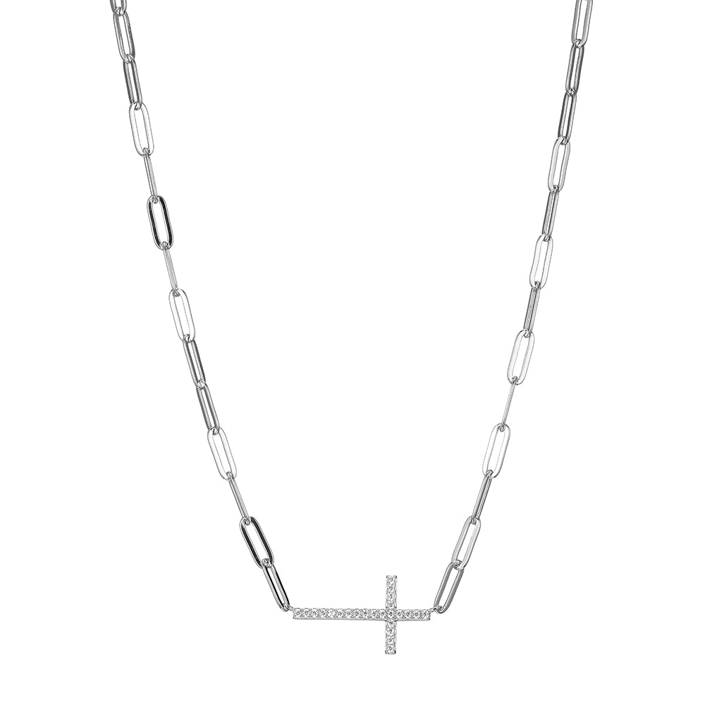Sterling Silver Necklace Made Of Paperclip Chain (3Mm) And Cz Cross In Center, Measures 17" Long, Plus 2" Extender For Adjustable Length, Rhodium Plated