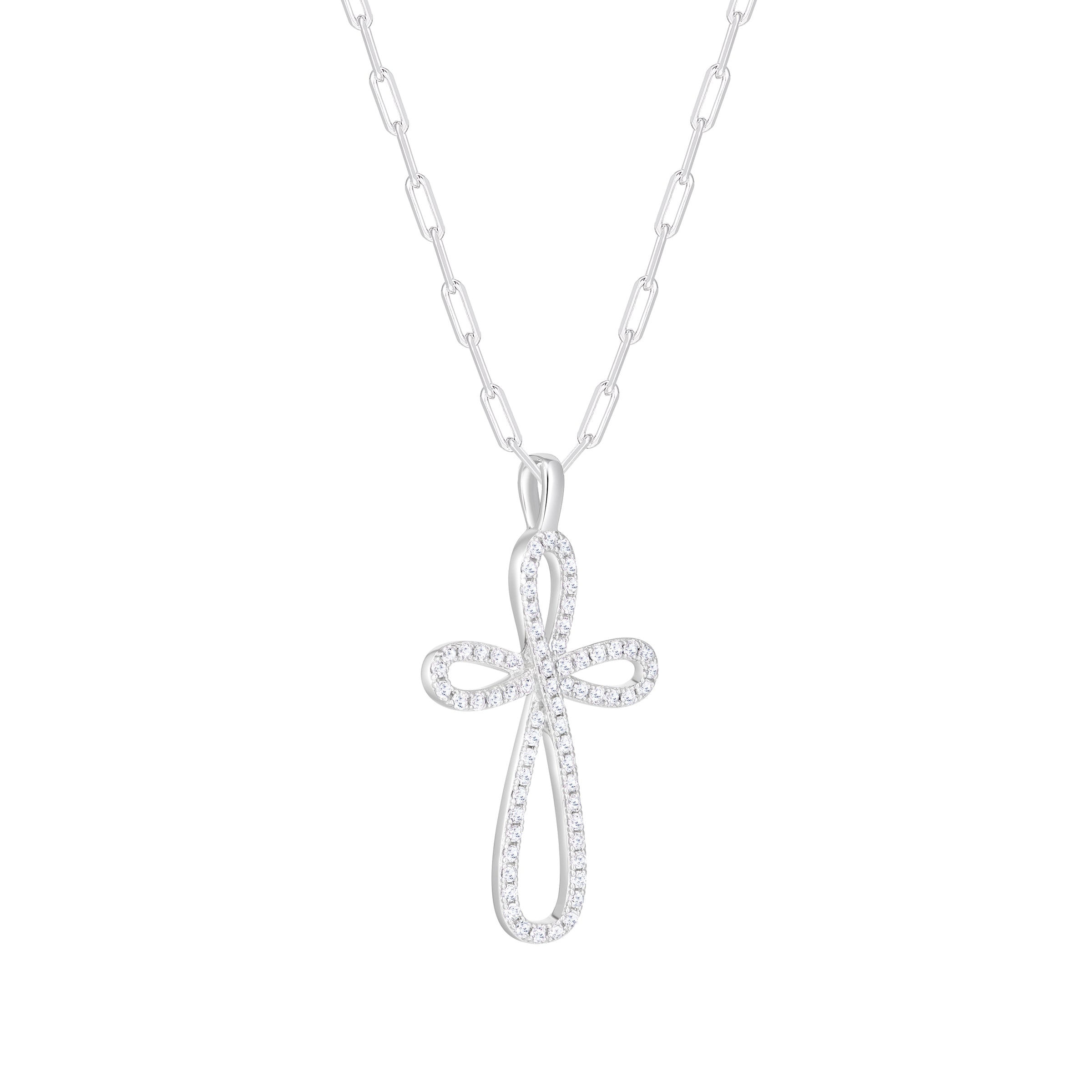 Sterling Silver Necklace Made Of Paperclip Chain (2Mm) And Cz Cross (34X20Mm) Pendant, Measures 17" Long, Plus 2" Extender For Adjustable Length, Rhodium Plated