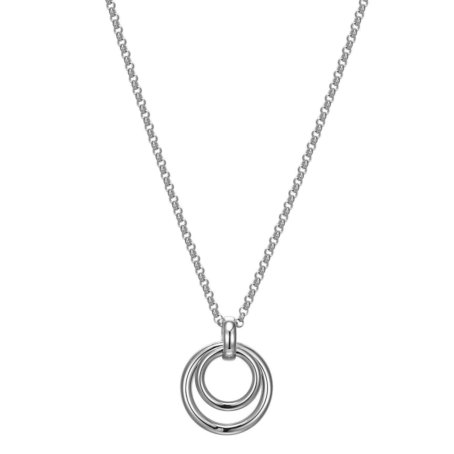 Sterling Silver " Simpatico" Rhodium Double Circle Drop Pendant 17" + 3" Extension Rolo Chain 14mm &amp; 10mm