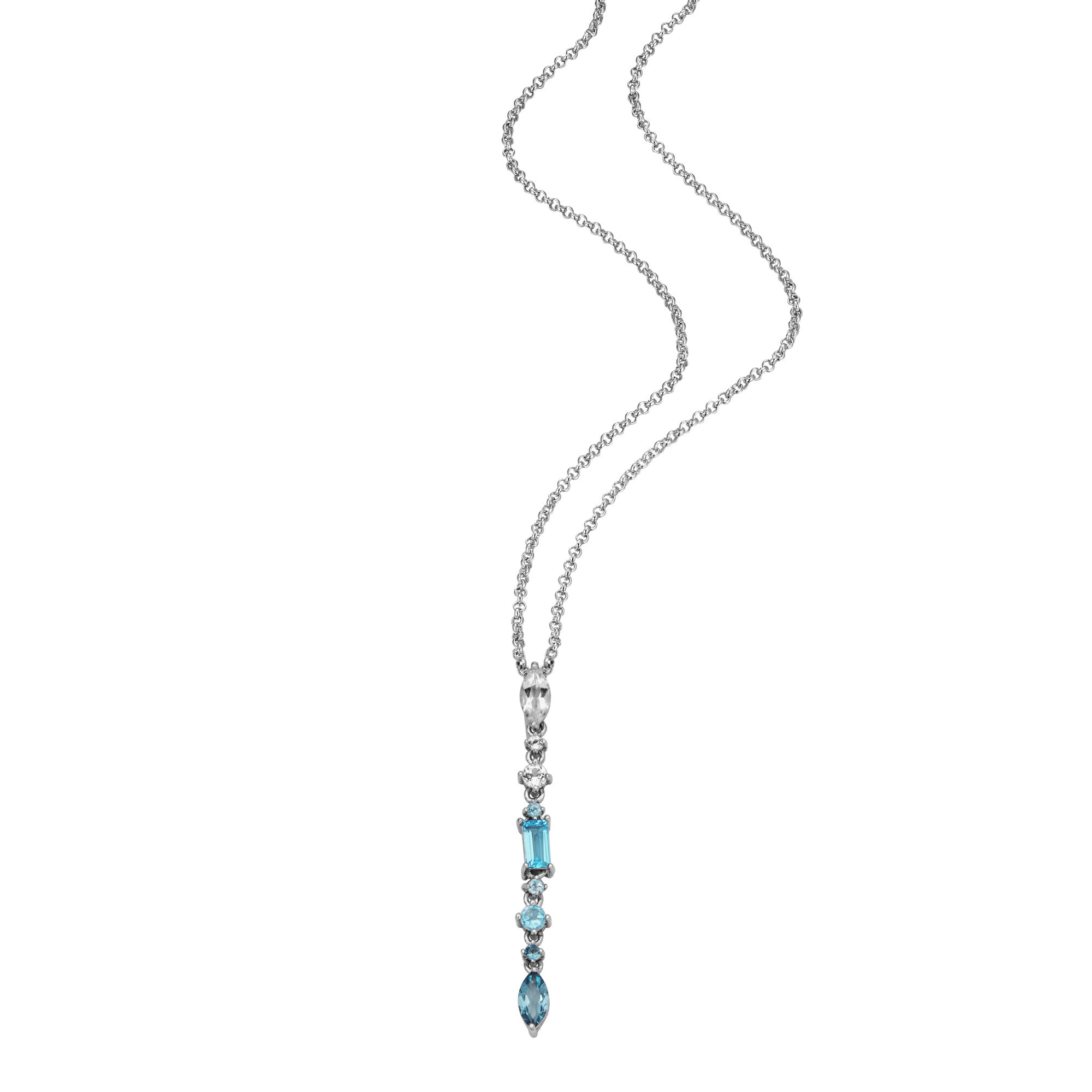 Sheer Elegance Shines In This Charming Topaz Necklace. Masterfully Crafted With A Dainty Assortment Of Swiss Blue, London Blue, And White Topaz, It'S A Remarkable Slender Lariat Perfect For Any Daytime Or Evening Look.