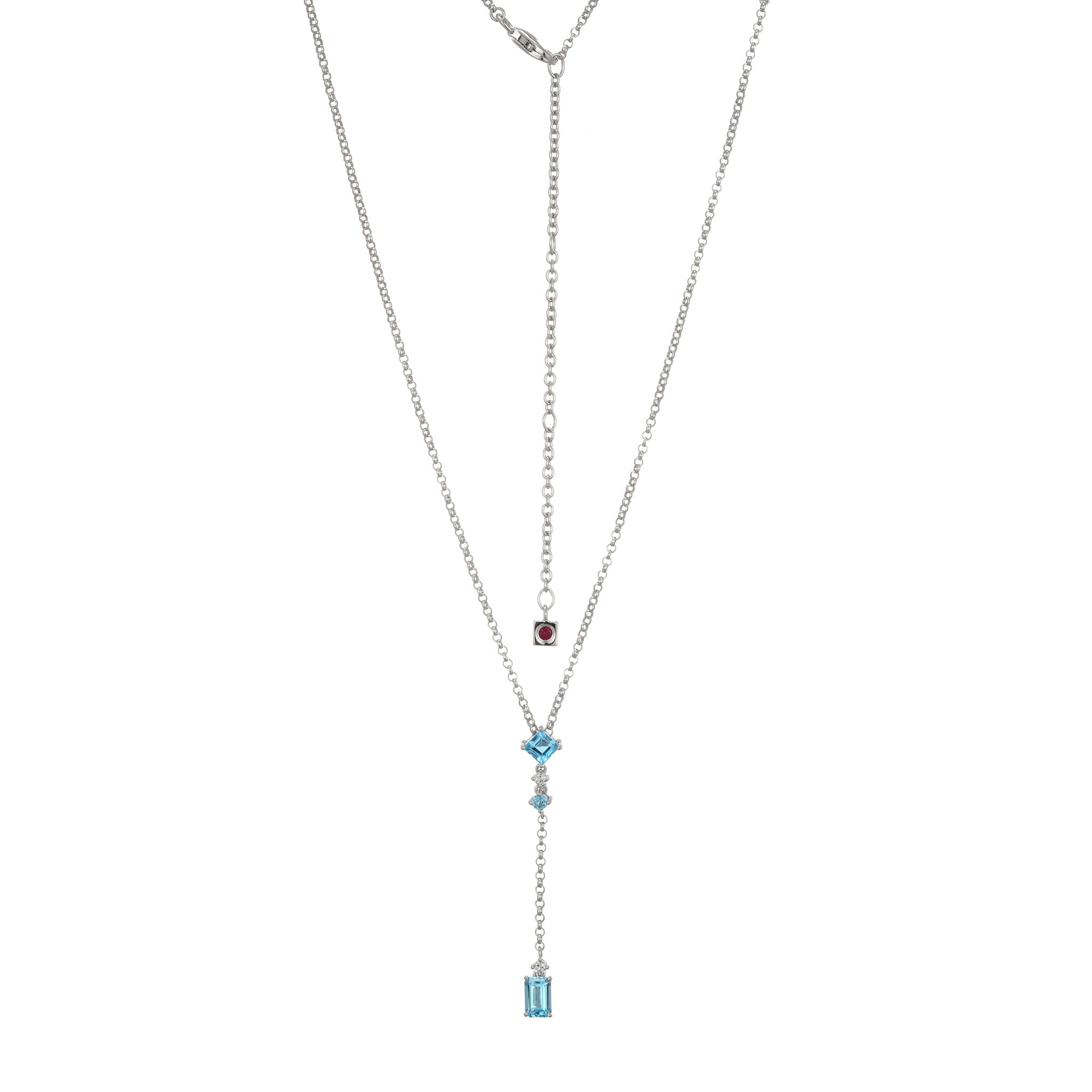 Reimagining Parisian Style For The Modern Woman, This Lariat Necklace Features A Refined Arrangement Of Blue And White Topaz, Subtly Accented With Elle'S Signature Ruby, Creating A Piece Destined For Cherished Moments.