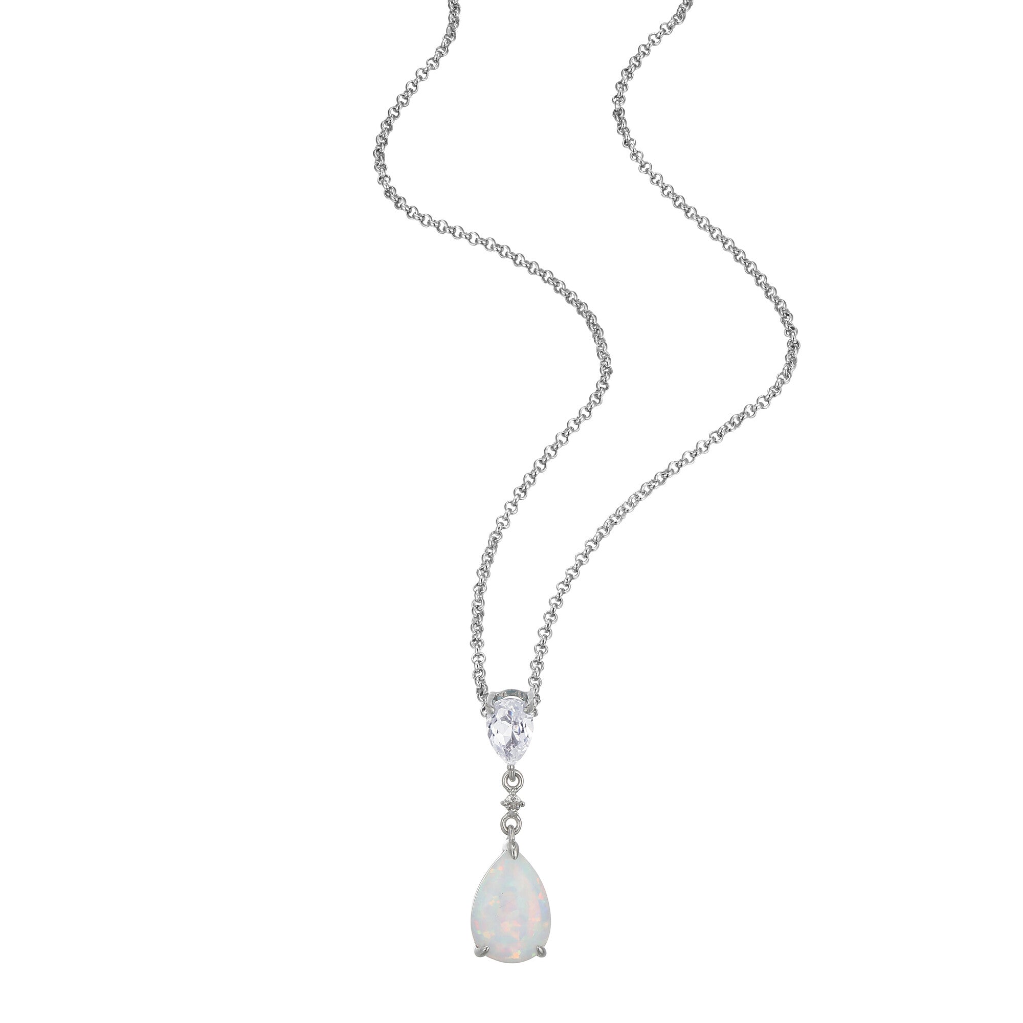 A Luminous White Created Opal Pendant Hangs Below A Purple Amethyst. Connected By A Brilliant White Topaz, This Arrangement Highlights The Unique Beauty Of Each Gemstone.