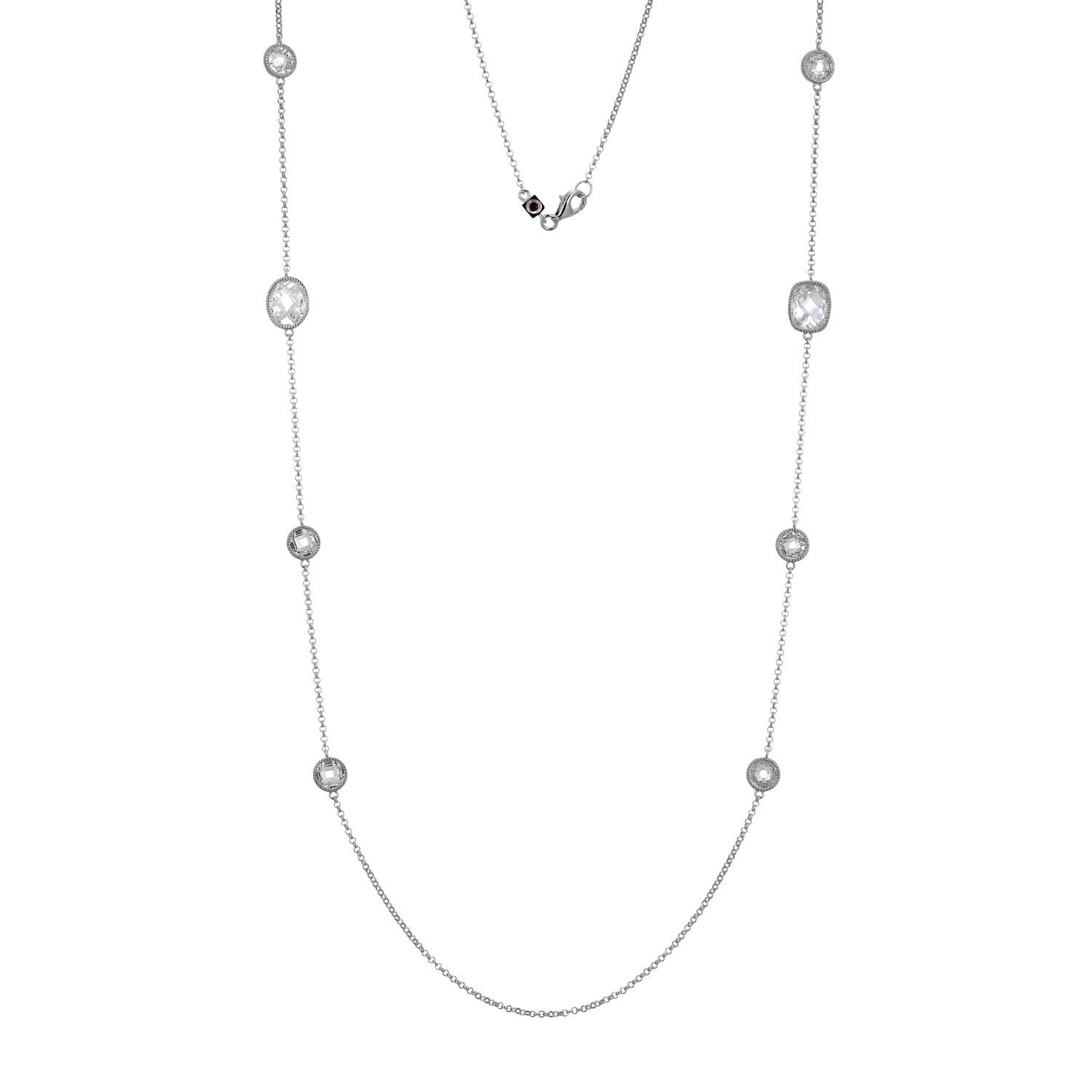 Vintage Appeal And Modern Design Merge In This Rhodium-plated Rope Necklace From The Essence Collection. Faceted Zirconia Stones, Encircled By Milgrain Bezels, Adorn A Slender Chainâ€”ideal For Layering Or Wearing Alone.