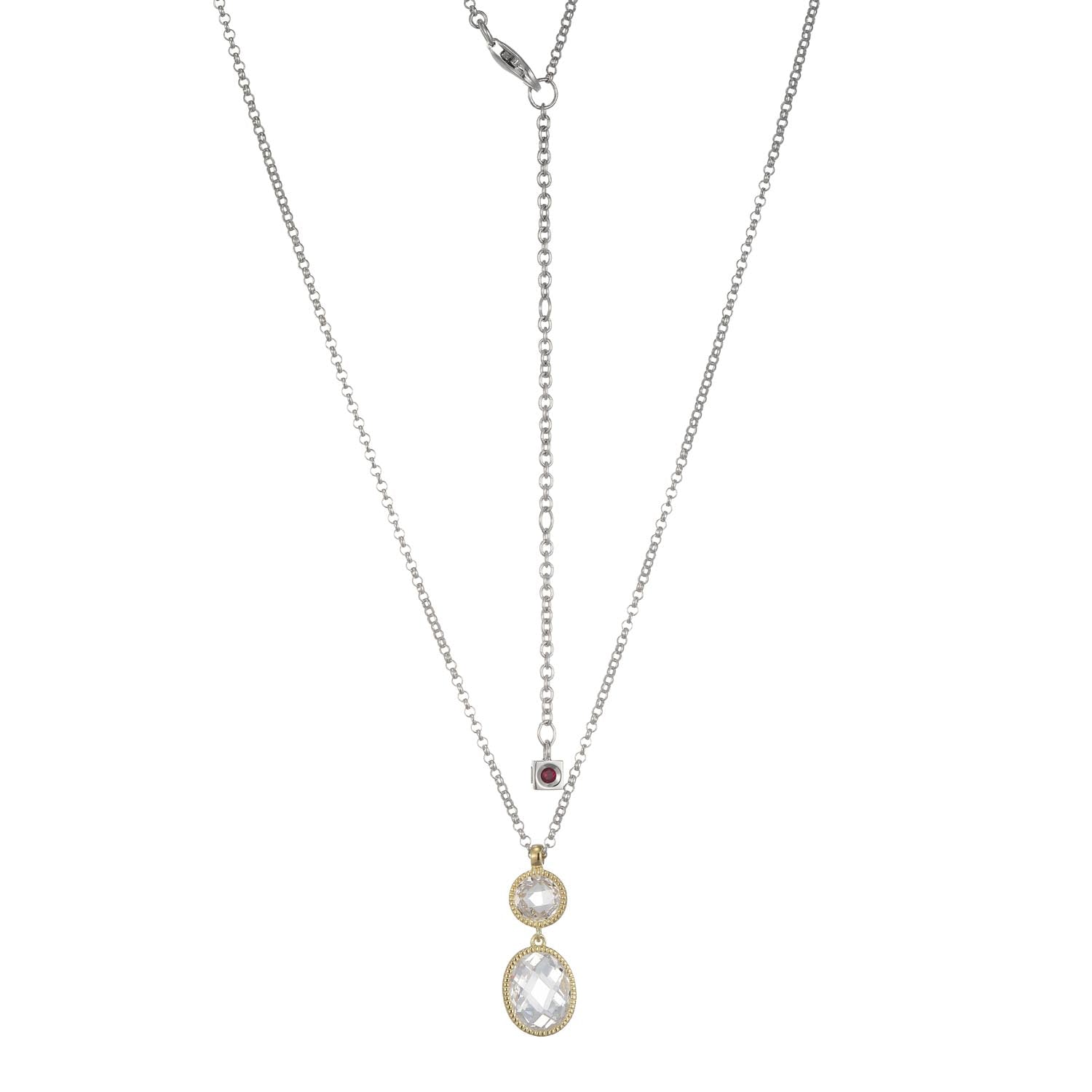 This Essence Collection Necklace Features A Faceted Oval Zirconia With Milgrain Detail, Hanging From A Smaller Round Stone, In Rhodium And Yellow Gold-Plated Silver. A Classic Design Blending Vintage Charm And Modern Elegance.