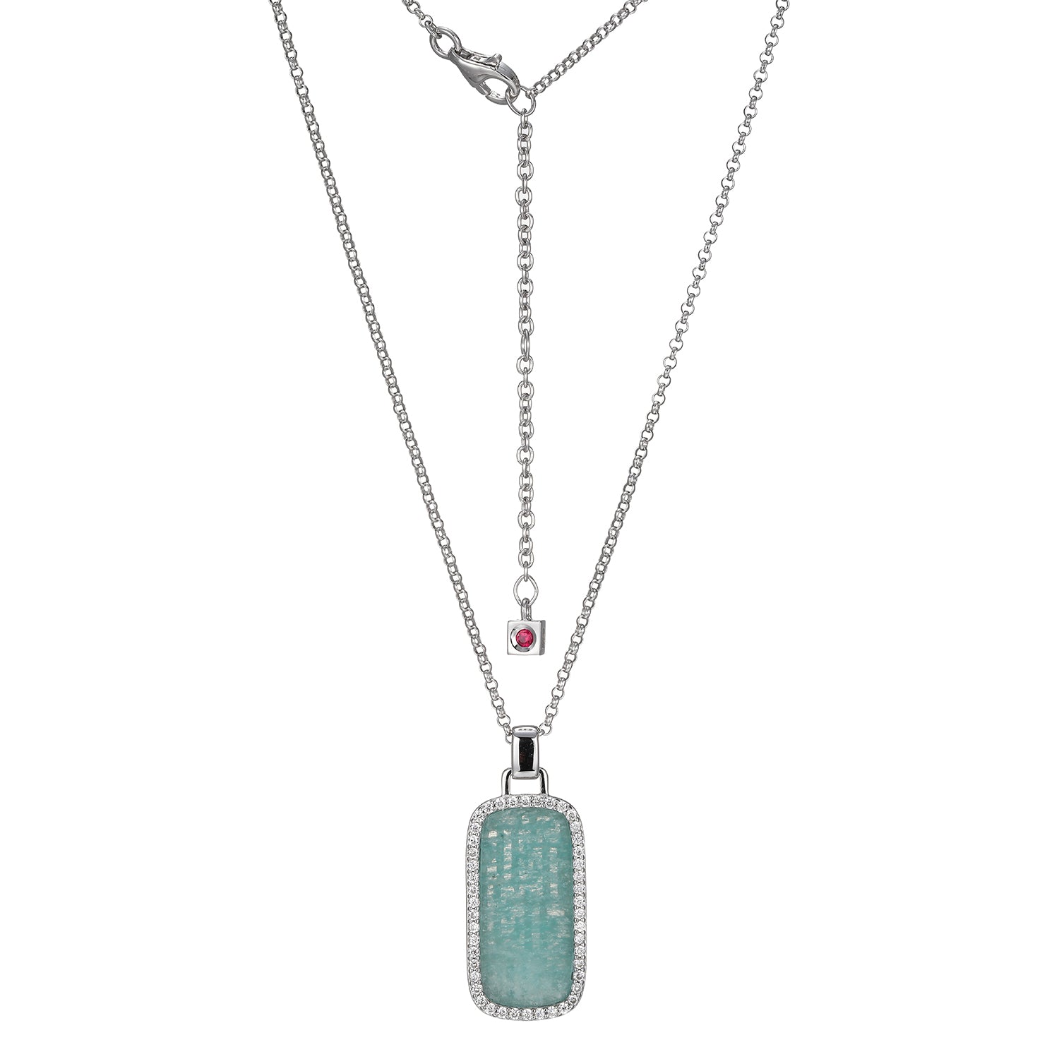 Sterling Silver Elle "Allure 2.0" Rhodium Plated Amazonite And White Cz Necklace On 28" + 2" Extension Rolo Chain