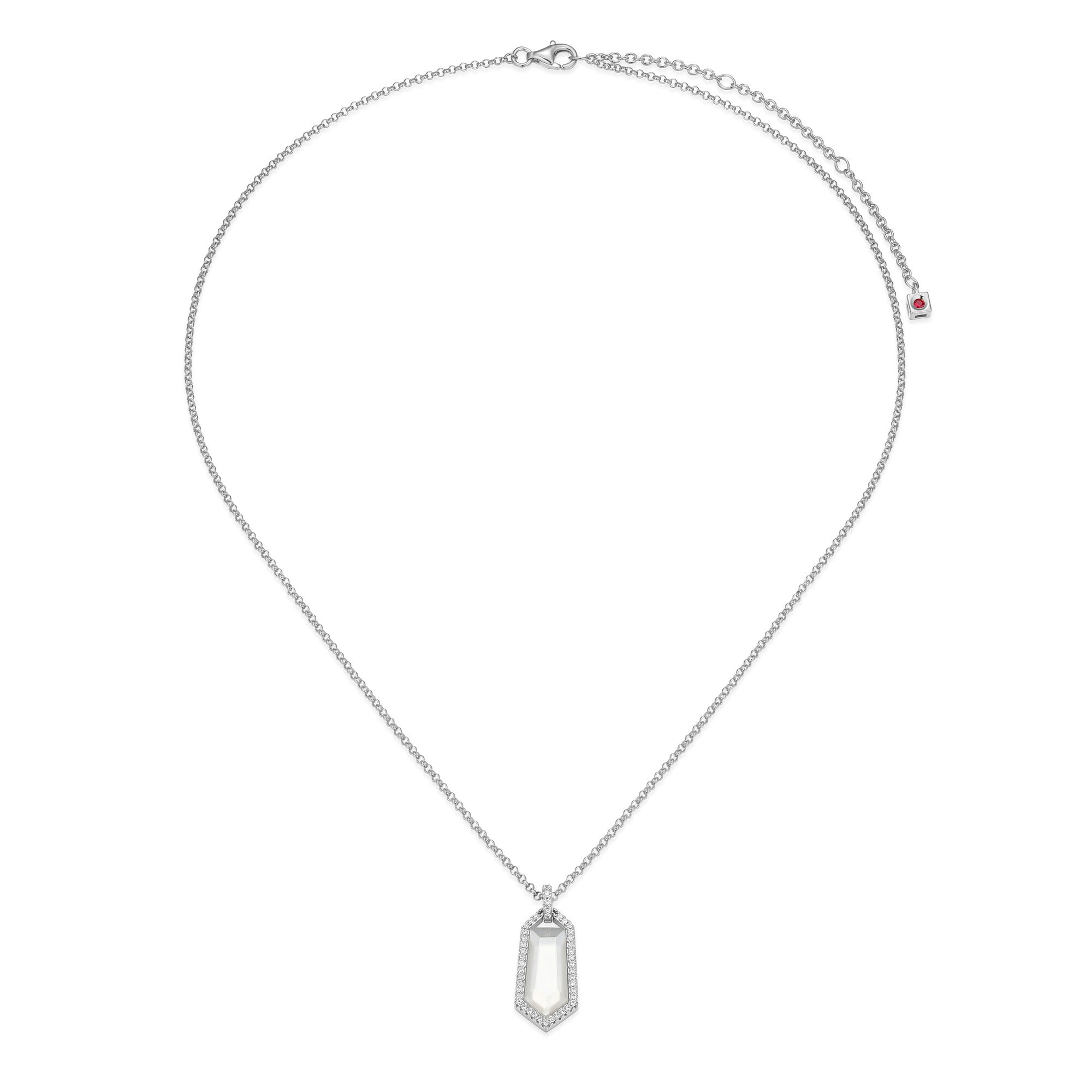 Sterling Silver Elle "fancy" Rhodium Plated Necklace G Stone Doublet(white Crystal+white Mop) 15x7x5.5mm &amp; Cubic Zirconia Rd #020 Rolo Chain 17" Extension 3"