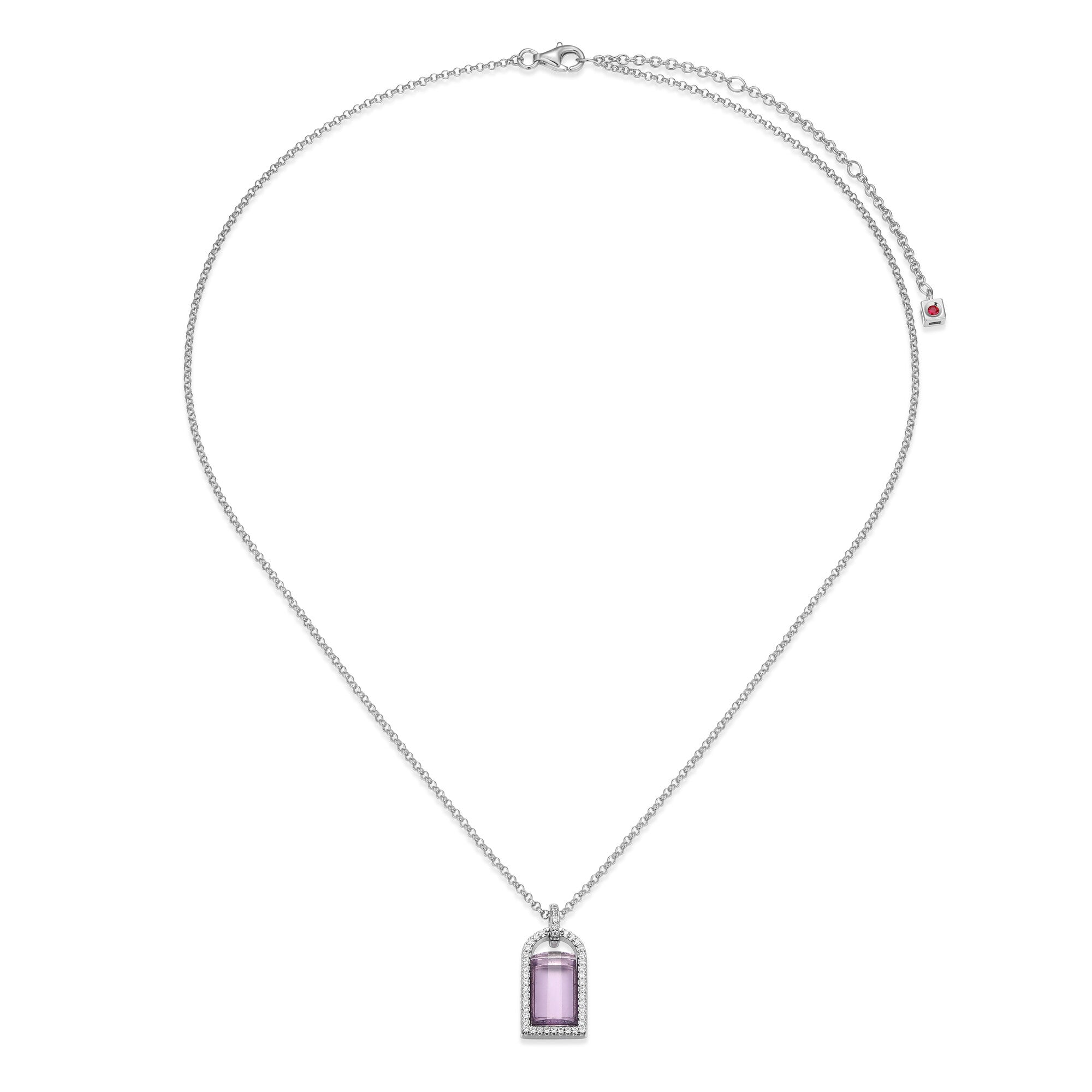Sterling Silver Elle "fancy" Rhodium Plated Necklace Genuine White Crystal+ Africa Amethyst Sb 11x7x3mm &amp; Cubic Zirconia Rd #020 Rolo Chain 17" Extension 3"