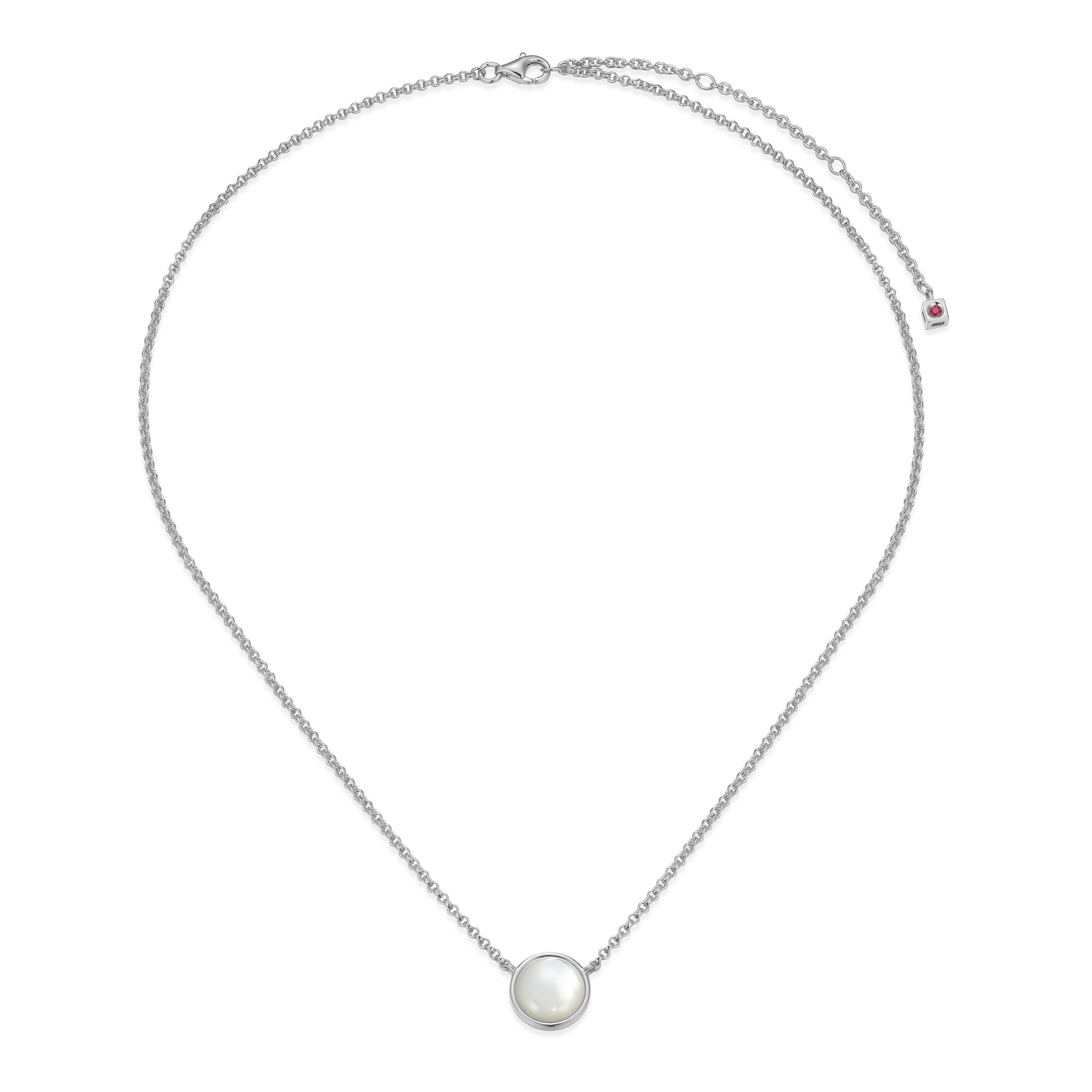 Sterling Silver Elle "Lustre" Rhodium Plated Necklace White Mop(Pinctada Imbricata) Rd 10Mm #025 Rolo Chain 17" Extension 3"