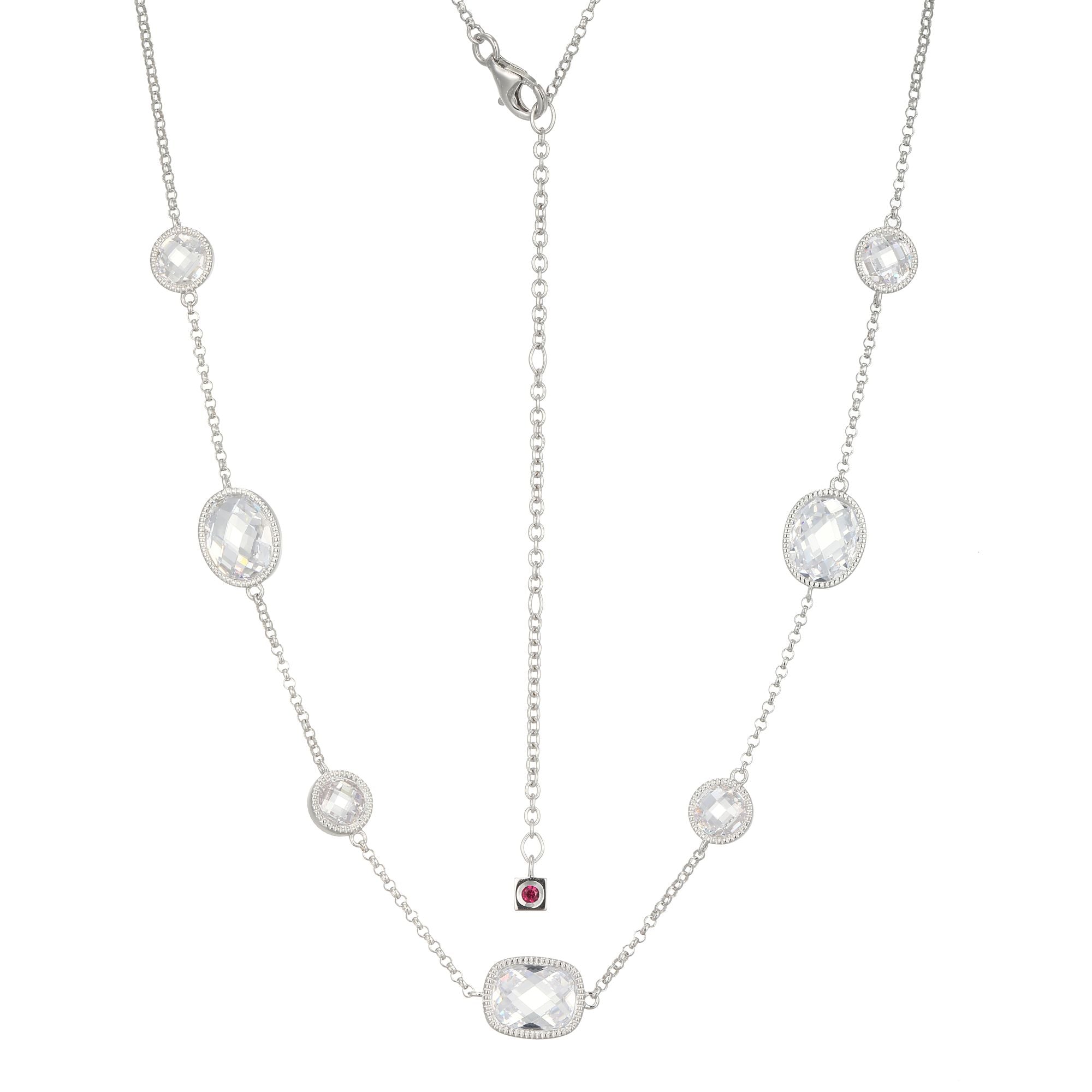 Sterling Silver Elle "essence" Rhodium Plated Necklace Cubic Zirconia Em Cushion 10x8mm &amp; Ov 10x8mm &amp; Rd 6mm #020 Rolo Chain 17" Extension 3"