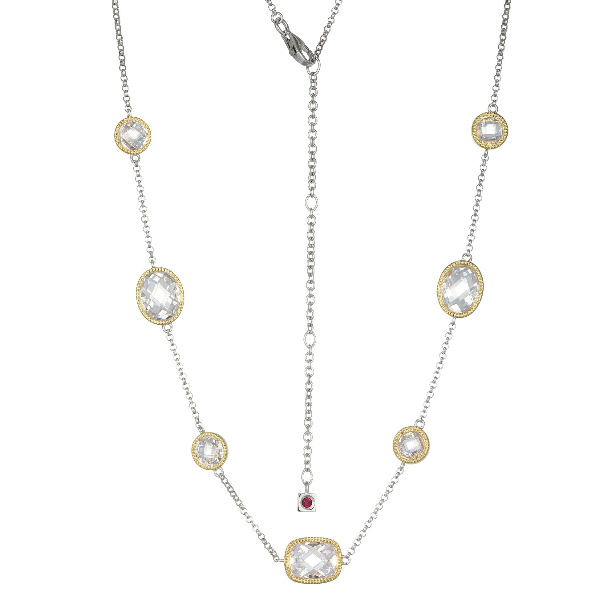 Sterling Silver Elle "essence" Rhodium And Yellow Gold Plated Necklace Cubic Zirconia Em Cushion 10x8mm &amp; Ov 10x8mm &amp; Rd 6mm #020 Rolo Chain 17" Extension 3"