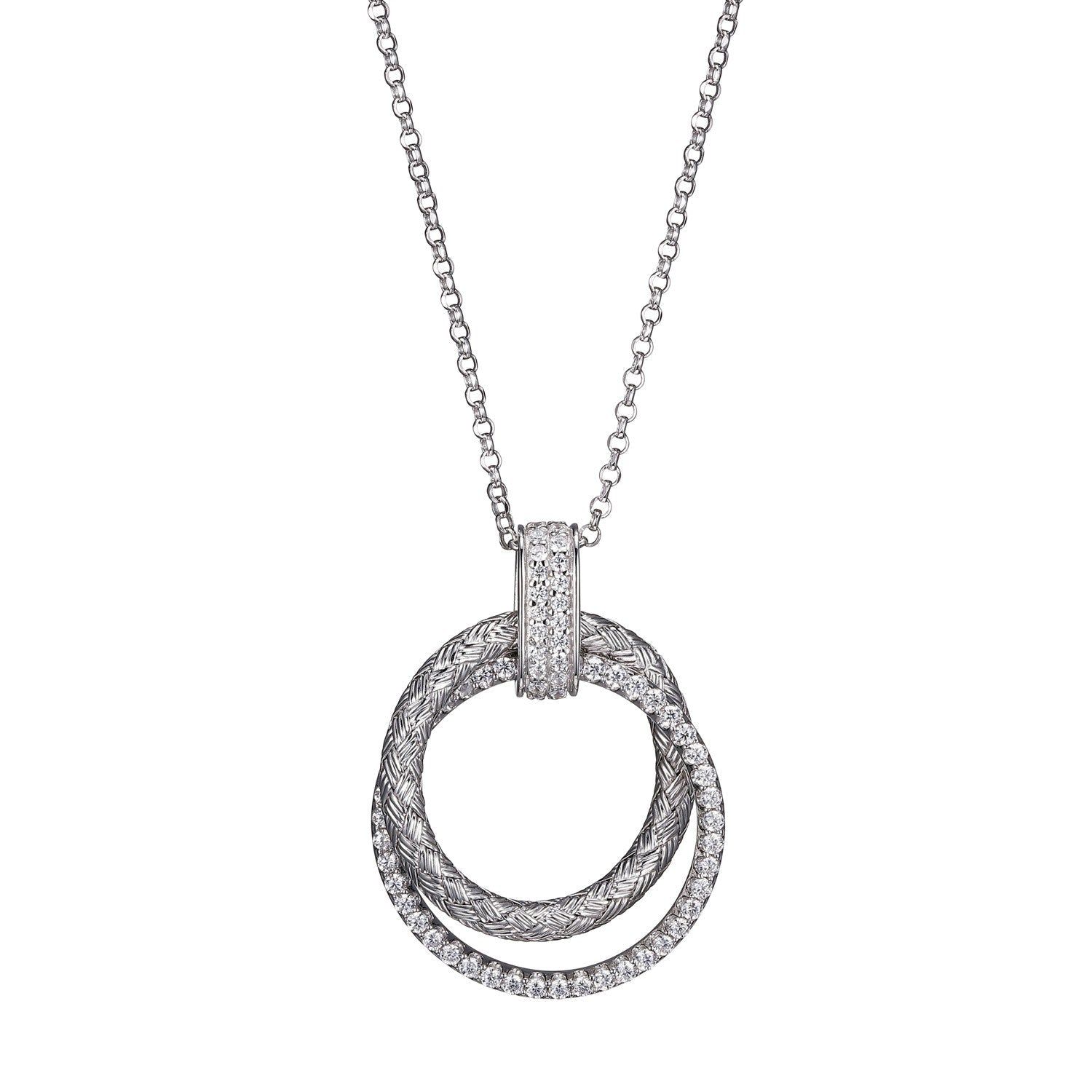 Sterling Silver Necklace With Mesh And Cz, 17"+2", Rhodium Finish