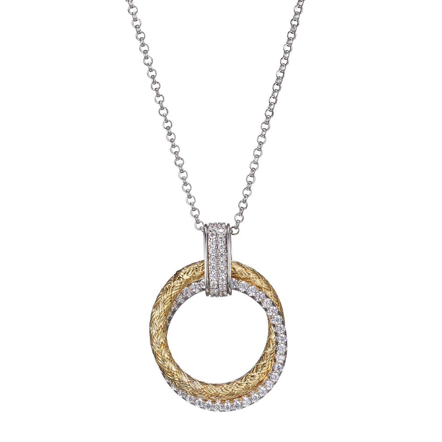 Sterling Silver Necklace With Mesh And Cz, 17"+2", 2 Tone, 18K Yellow Gold And Rhodium Finish