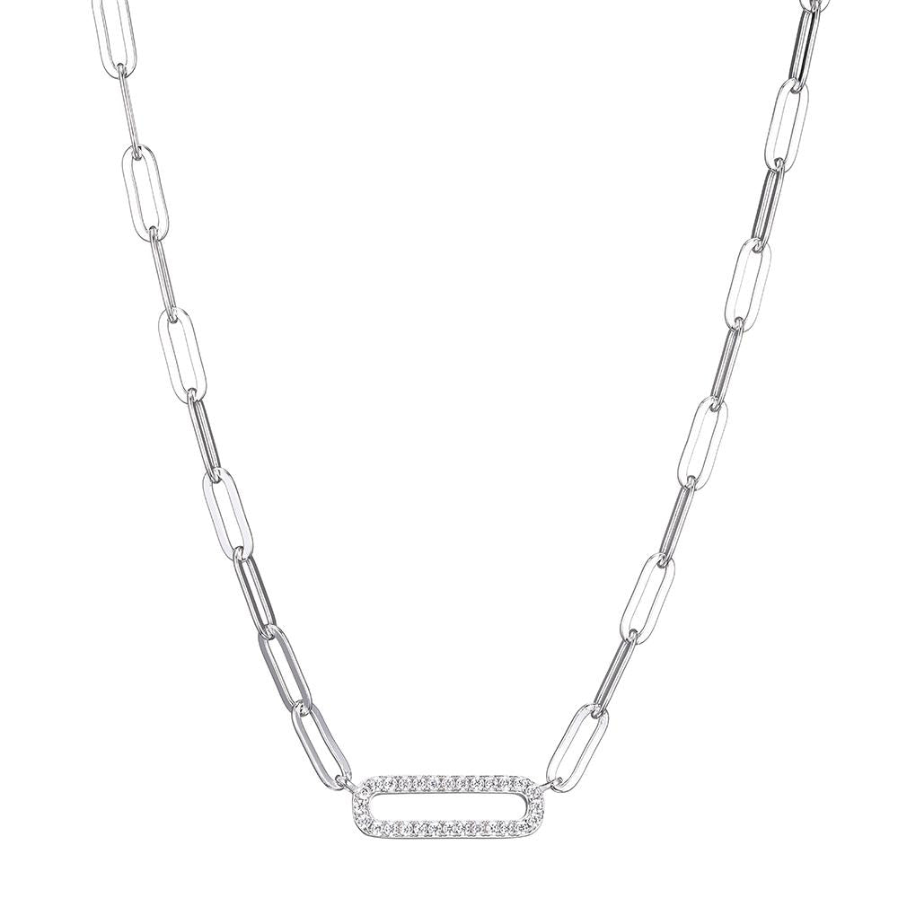 Sterling Silver Necklace Made With Paperclip Chain (3Mm) And Cz Link (18X6Mm) In Center, Measures 17" Long, Plus 2" Extender For Adjustable Length, Rhodium Finish