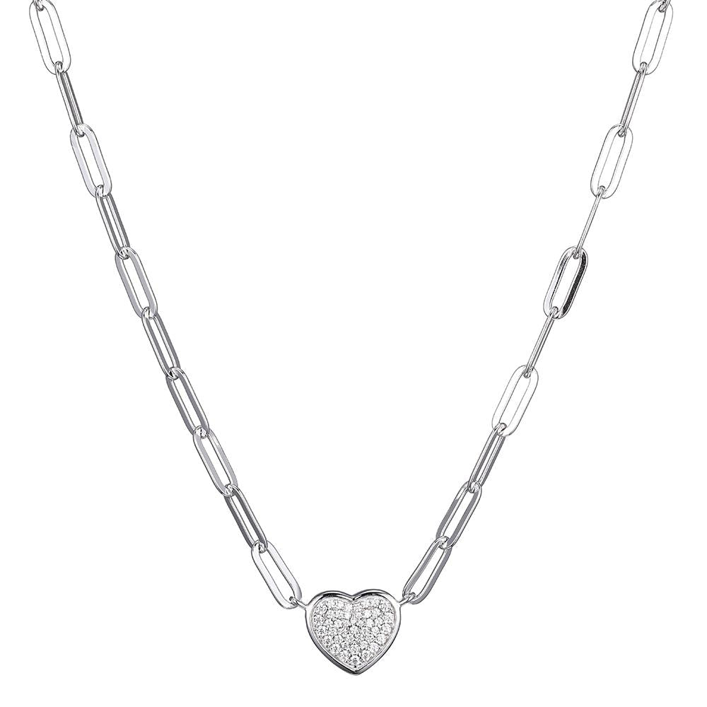 Sterling Silver Necklace Made With Paperclip Chain (3Mm) And Pave Cz Heart (12X11Mm) In Center, Measures 17" Long, Plus 2" Extender For Adjustable Length, Rhodium Finish