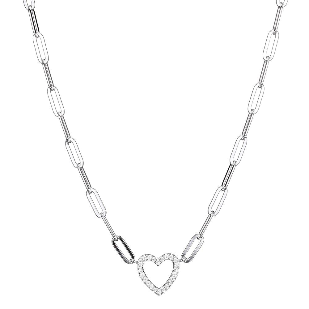 Sterling Silver Necklace Made With Paperclip Chain (3Mm) And Cz Open Heart (12X12Mm) In Center, Measures 17" Long, Plus 2" Extender For Adjustable Length, Rhodium Finish