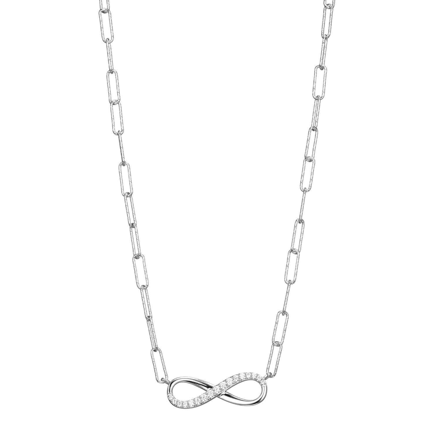 Sterling Silver Necklace Made With Diamond Cut Paperclip Chain (3Mm) And Reversible Cz Infinity (24X8Mm) In Center, Measures 17" Long, Plus 2" Extender For Adjustable Length, Rhodium Finish