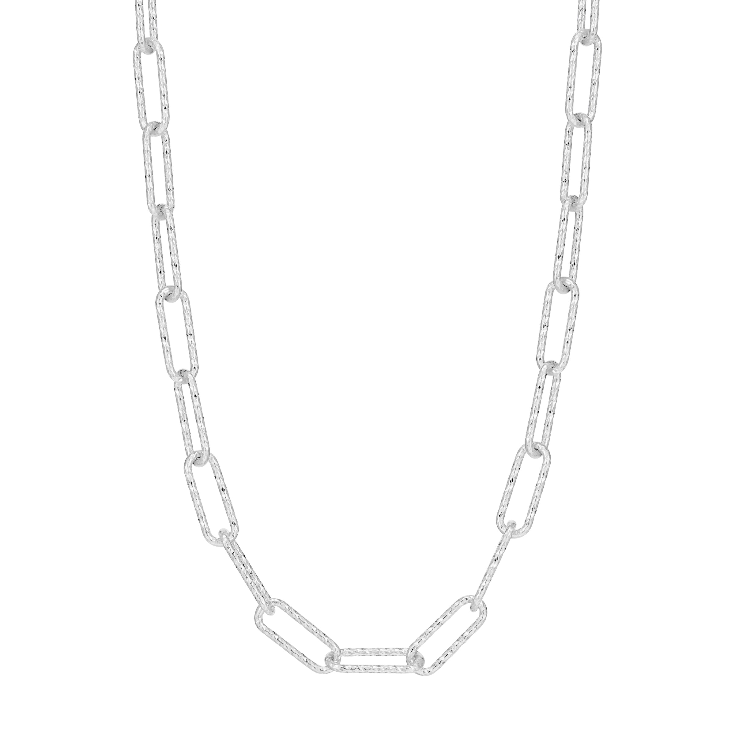 Sterling Silver Necklace Made With Diamond Cut Paperclip Chain (5Mm), Measures 17" Long, Plus 2" Extender For Adjustable Length, Rhodium Finish