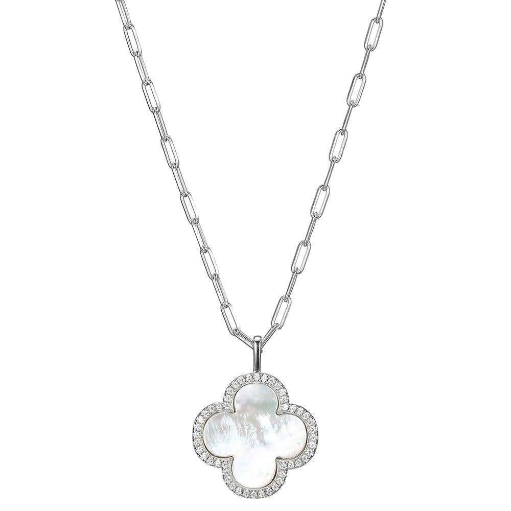 Sterling Silver Necklace Made With Paperclip Chain (2Mm) And Clover Pendant (25X19Mm), Stones Are Mother Of Pearl And Cz, Measures 17" Long, Plus 2" Extender For Adjustable Length, Rhodium Finish