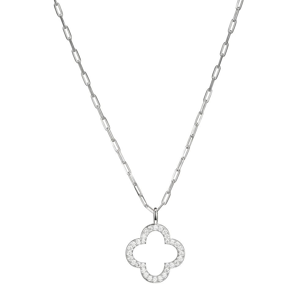 Sterling Silver Necklace Made With Paperclip Chain (2Mm) And Cz Clover Pendant (25X20Mm), Measures 17" Long, Plus 2" Extender For Adjustable Length, Rhodium Finish