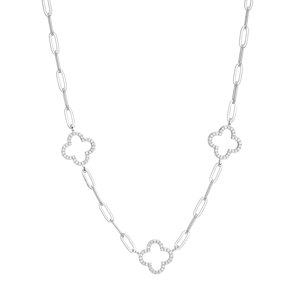 Sterling Silver Necklace Made With Paperclip Chain (3Mm) And 3 Cz Clover (14X14Mm) Stations, Measures 17" Long, Plus 2" Extender For Adjustable Length, Rhodium Finish