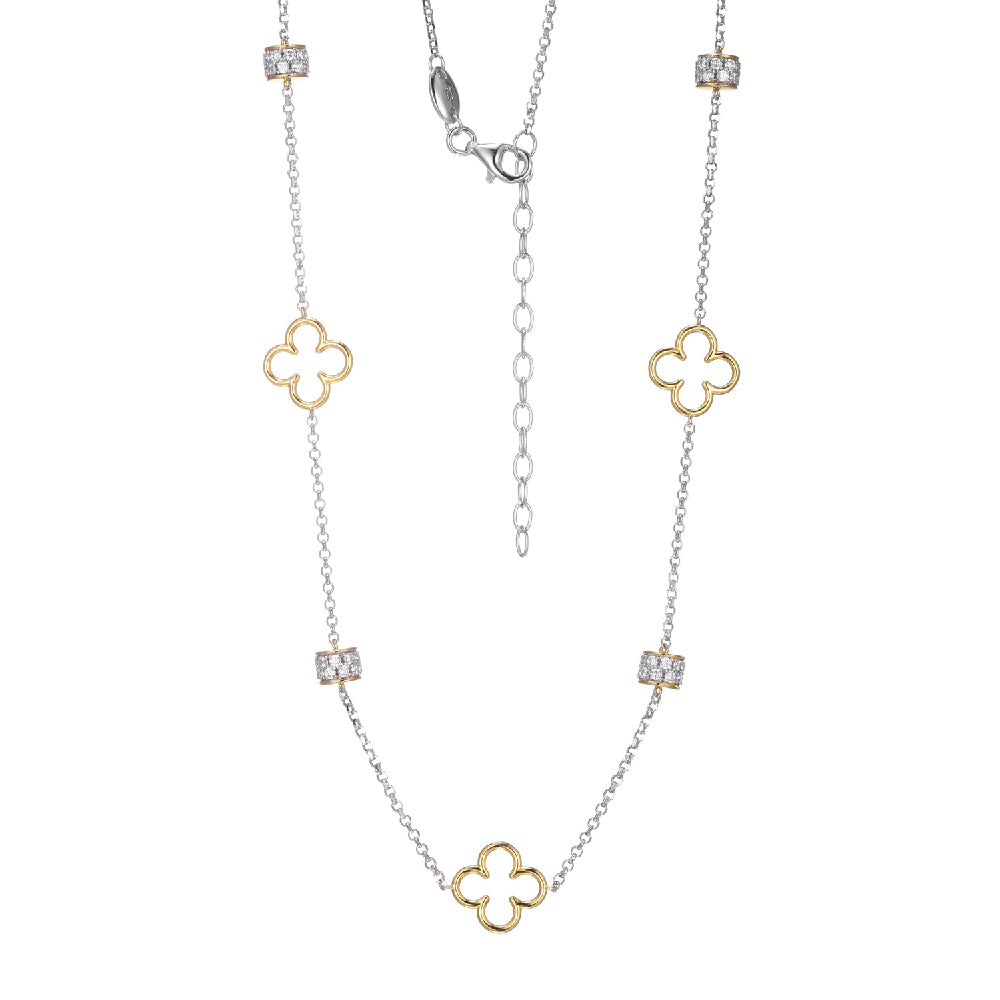 Sterling Silver Necklace Made With Rolo Chain And  Cz Rondelle, Clover Stations, Measures 17" Long, Plus 2" Extender For Adjustable Length, 2 Tone, Rhodium And 18K Yellow Gold Finish