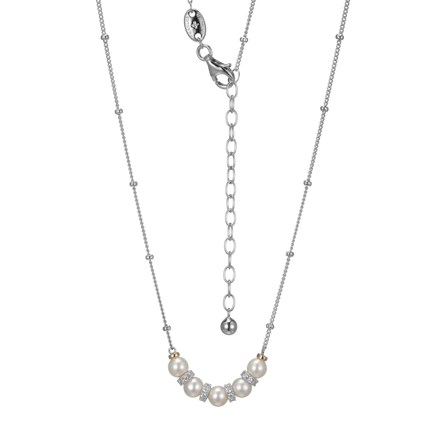 Sterling Silver Freshwater Pearl(4.0 4.5Mm And Cubic Zirconia Necklace Measures 17" Plus 2" Extender For Adjustable Length Rhodium And Yellow Gold Finish