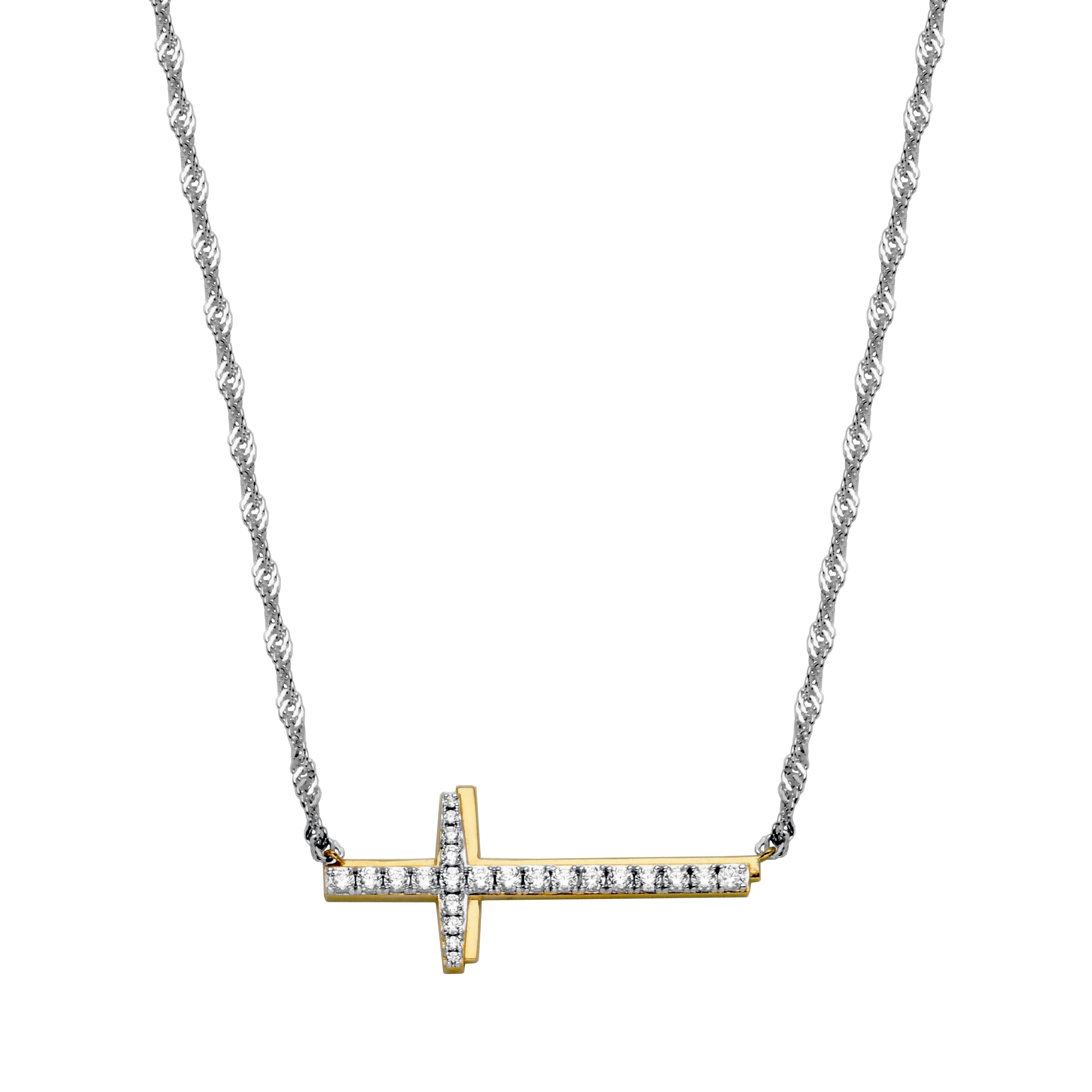 Sterling Silver Cubic Zirconia Cross Necklace , Singapore Chain Meaures 17  Long , Plus  2"  Extender For Adjustable Length, Rhodium And Yellow Gold Finish