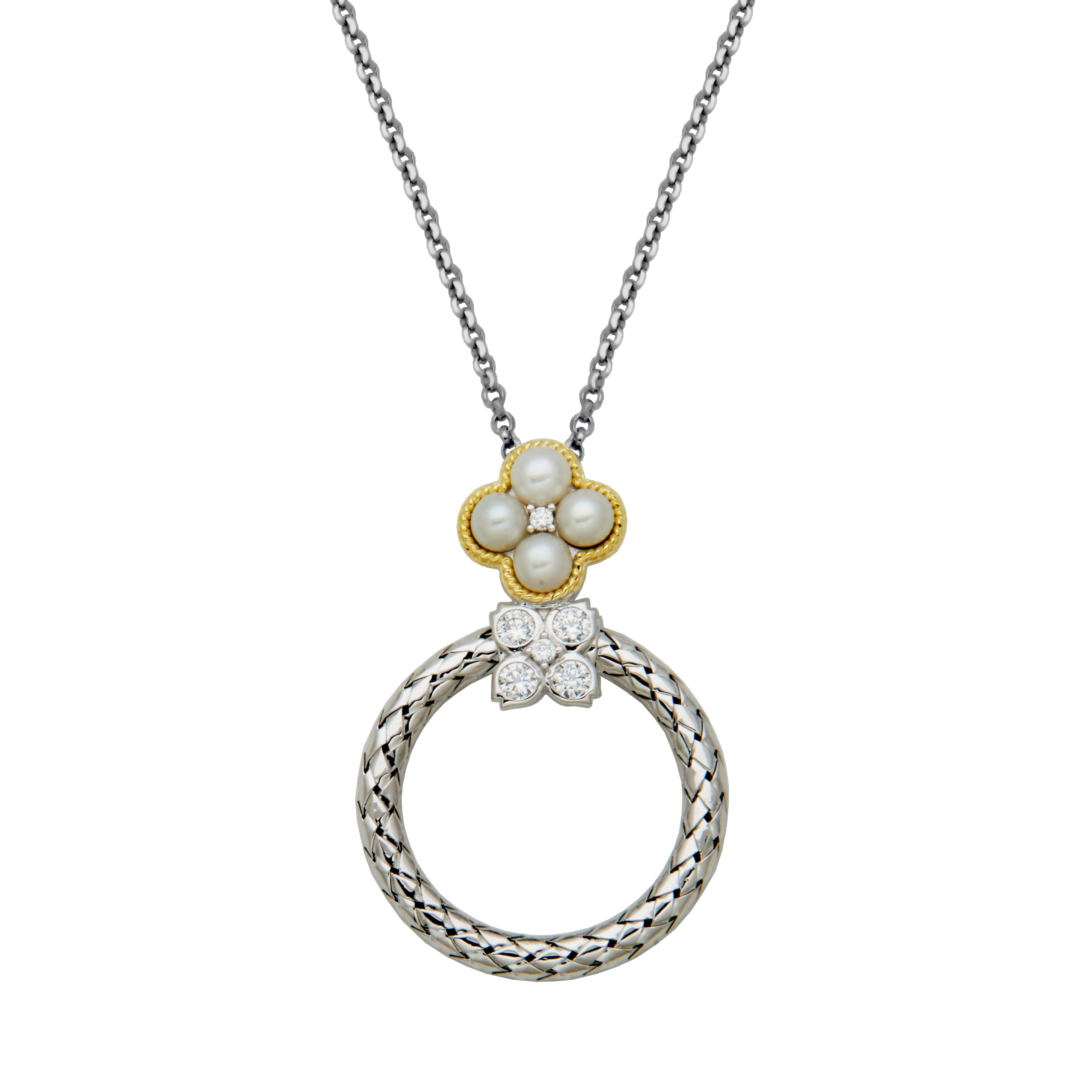 Sterling Silver Freshwater Pearl (3.5-4mm) Cubic Zirconia Necklace Meaures 17" Plus 2" Extender For Adjustable Length Rhodium And Yellow Gold Finish