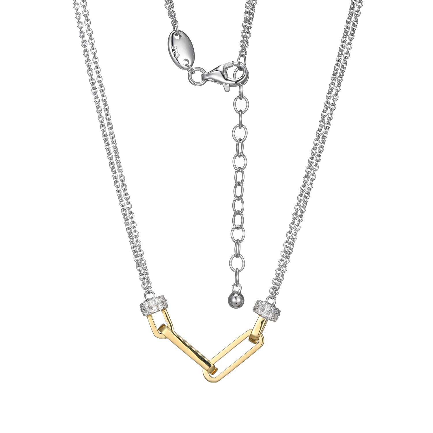 Sterling Silver Modern Paperclip Frontal Necklace With Cubic Zirconia Rhondells Measures 17 Long Plus  2"Extender For Adjustable Length, Yellow Gold And Rhodium Finish
