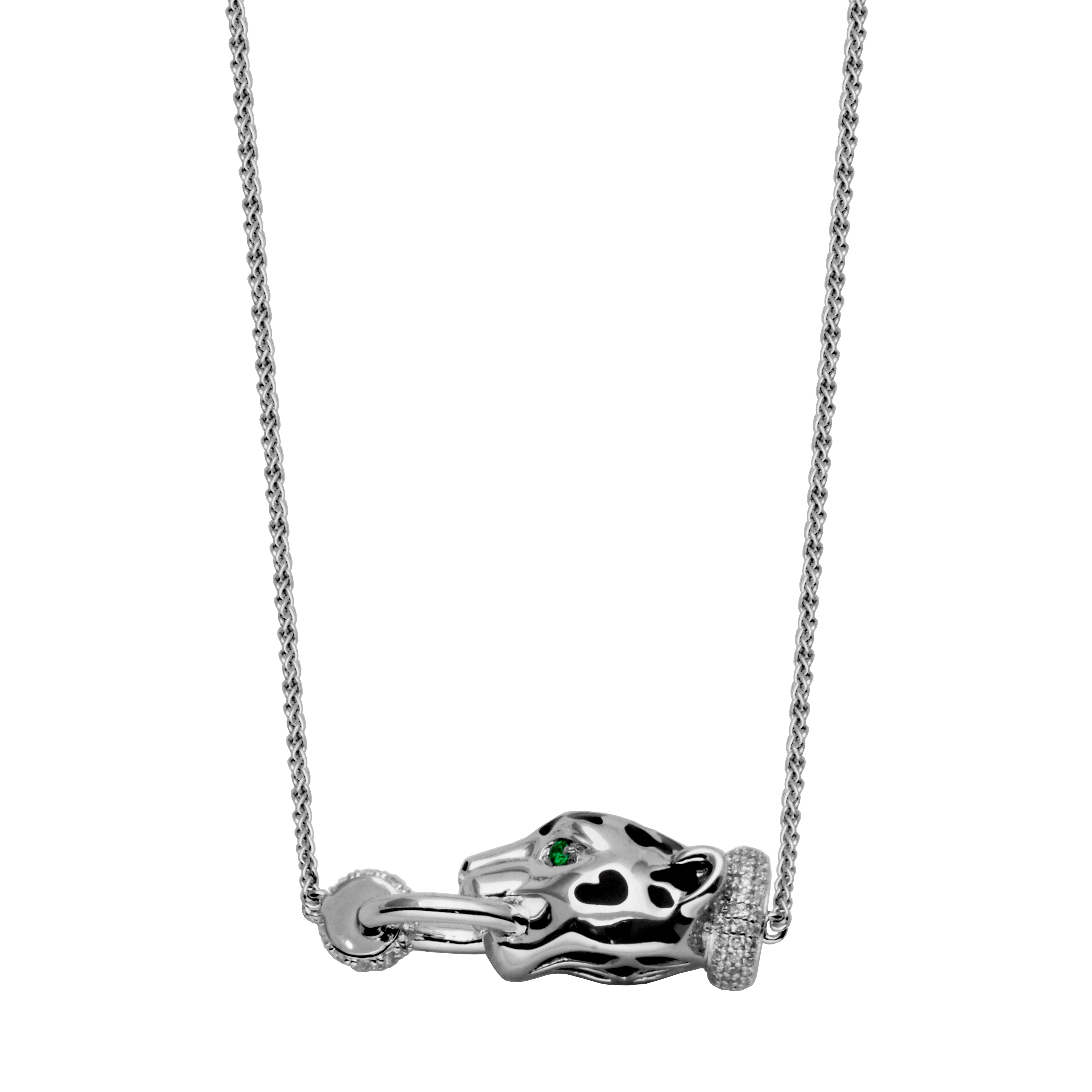 Sterling Silver Cubic Zirconia And Epoxy Panther Neclace Measures 17" Plus 2" Extender For Adjustable Length Rhodium Finish