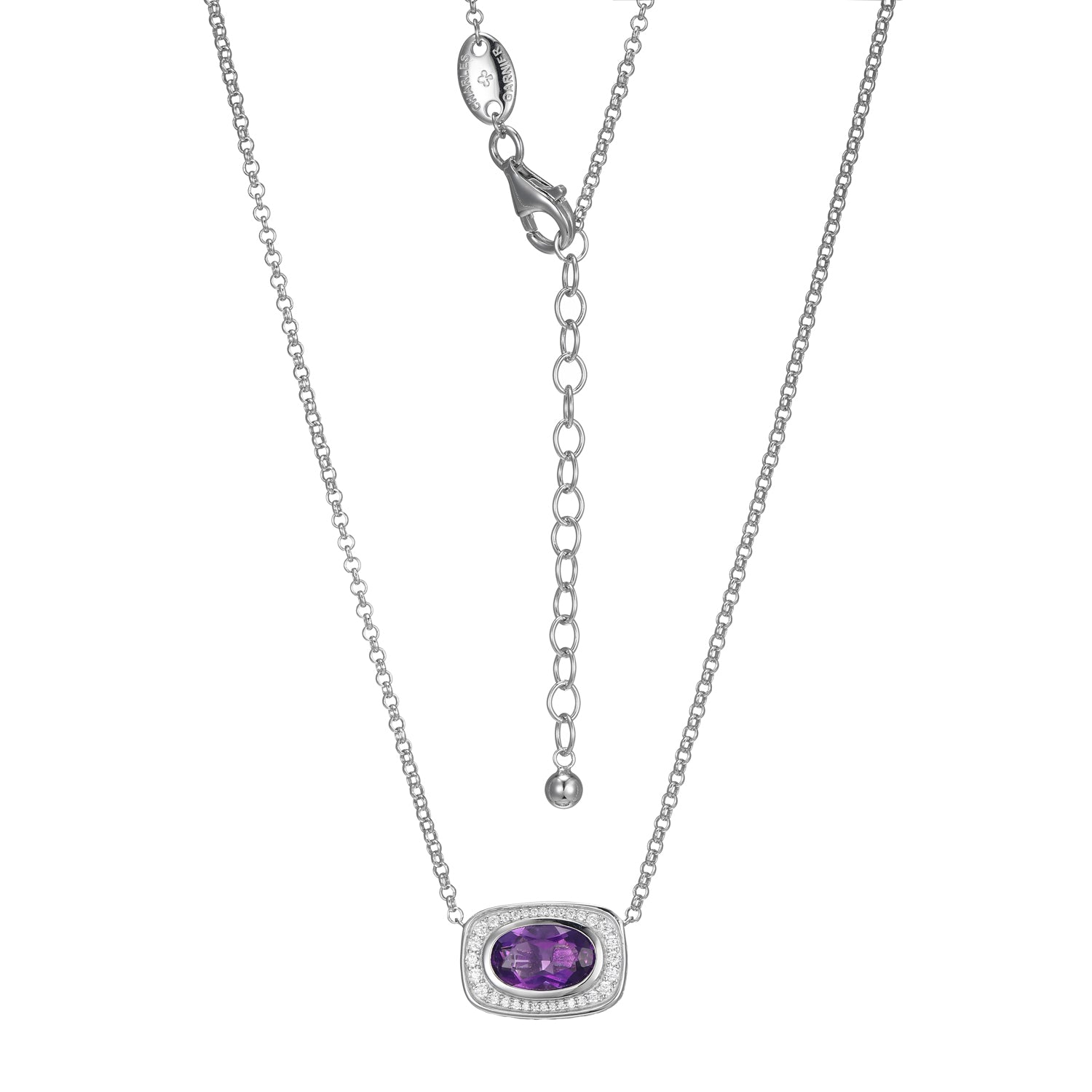 Sterling Silver Classic Mesh 2 Genuine Amethyst Pendant On Rolo Chain 17"+2" Rhodium Finish