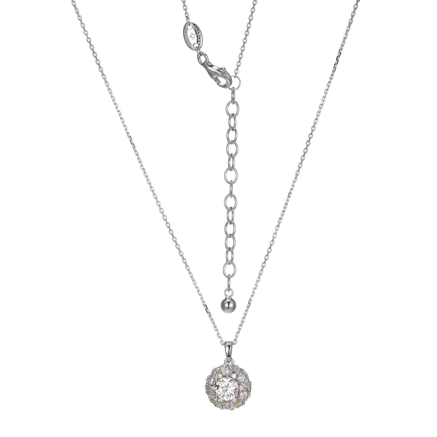 Sterling Silver New Mesh 2 Cubic Zirconia Knot Pendant On Faceted Diamond Cut Cable Chain 17"+2" Rhodium And Yellow Gold Finish