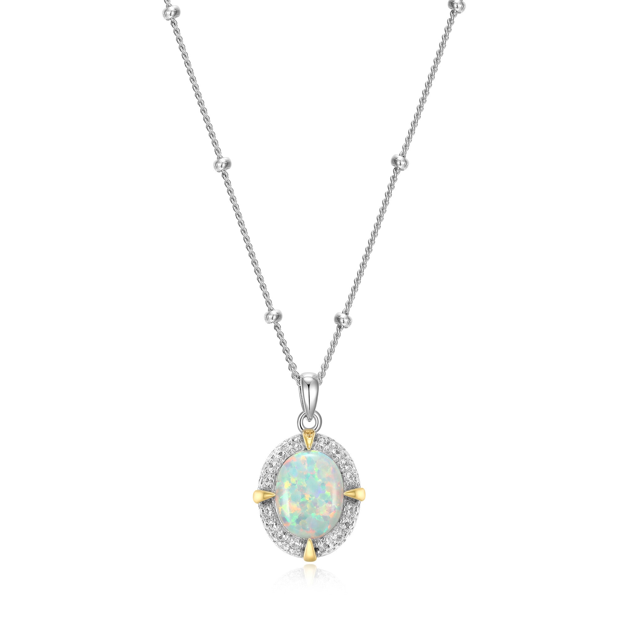 Sterling Silver L'Opal Created Oval Opal And Cubic Zirconia Necklace 17"+2" Rhodium And Yellow Gold Finish