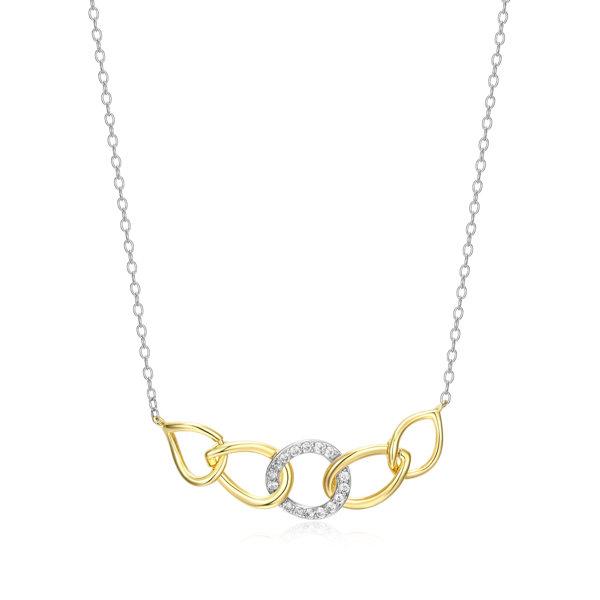 Sterling Silver Celeste Oval Link With Cubic Zirconia Frontal Necklace 17"+2" Rhodium And Yellow Gold Finish