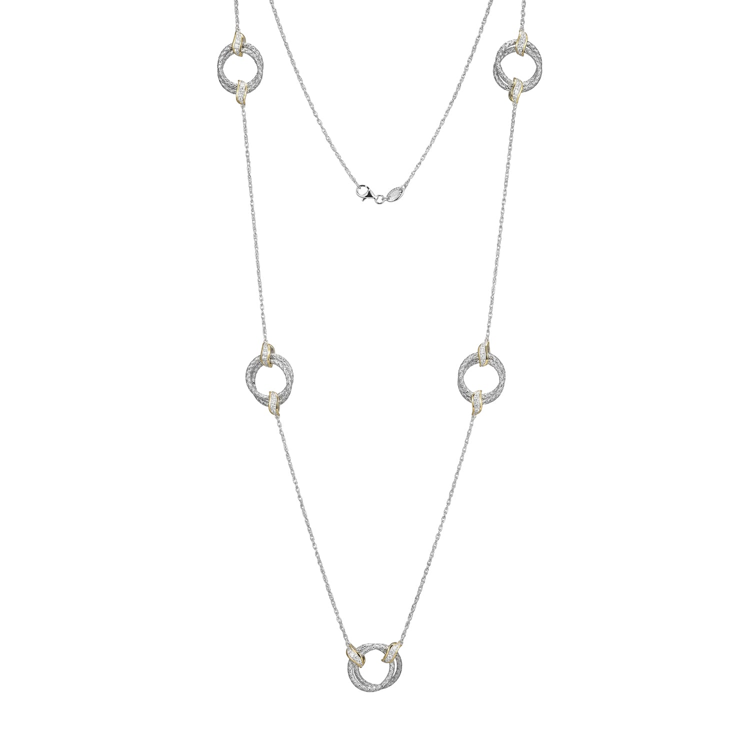 This Necklace From Charles Garnier's Flourish Collection Showcases A Blend Of Sterling Silver With Rhodium And Yellow Gold Finish, Featuring Dazzling Cubic Zirconia. The 30â€ Rope Chain Adds Sophistication To Its Stylish Design.
