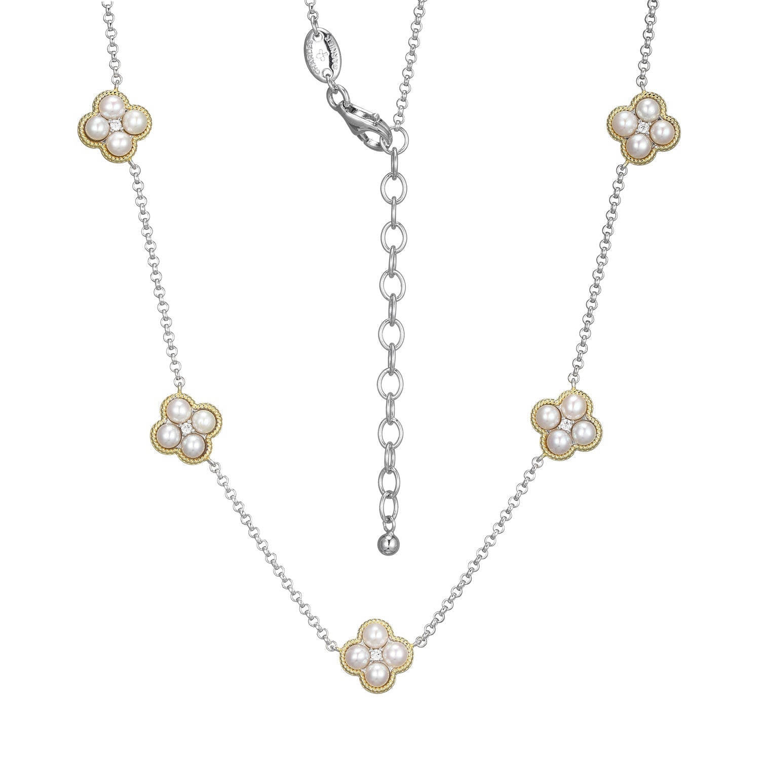 This Elegant Necklace From The Trãˆfle Collection Features Cubic Zirconia And Genuine Freshwater Pearls. The Sterling Silver With Rhodium And Yellow Gold Finish Adds A Beautiful Contrast, While The 17â€ Rolo Chain With A 2â€ Extender Ensures A Perfect F