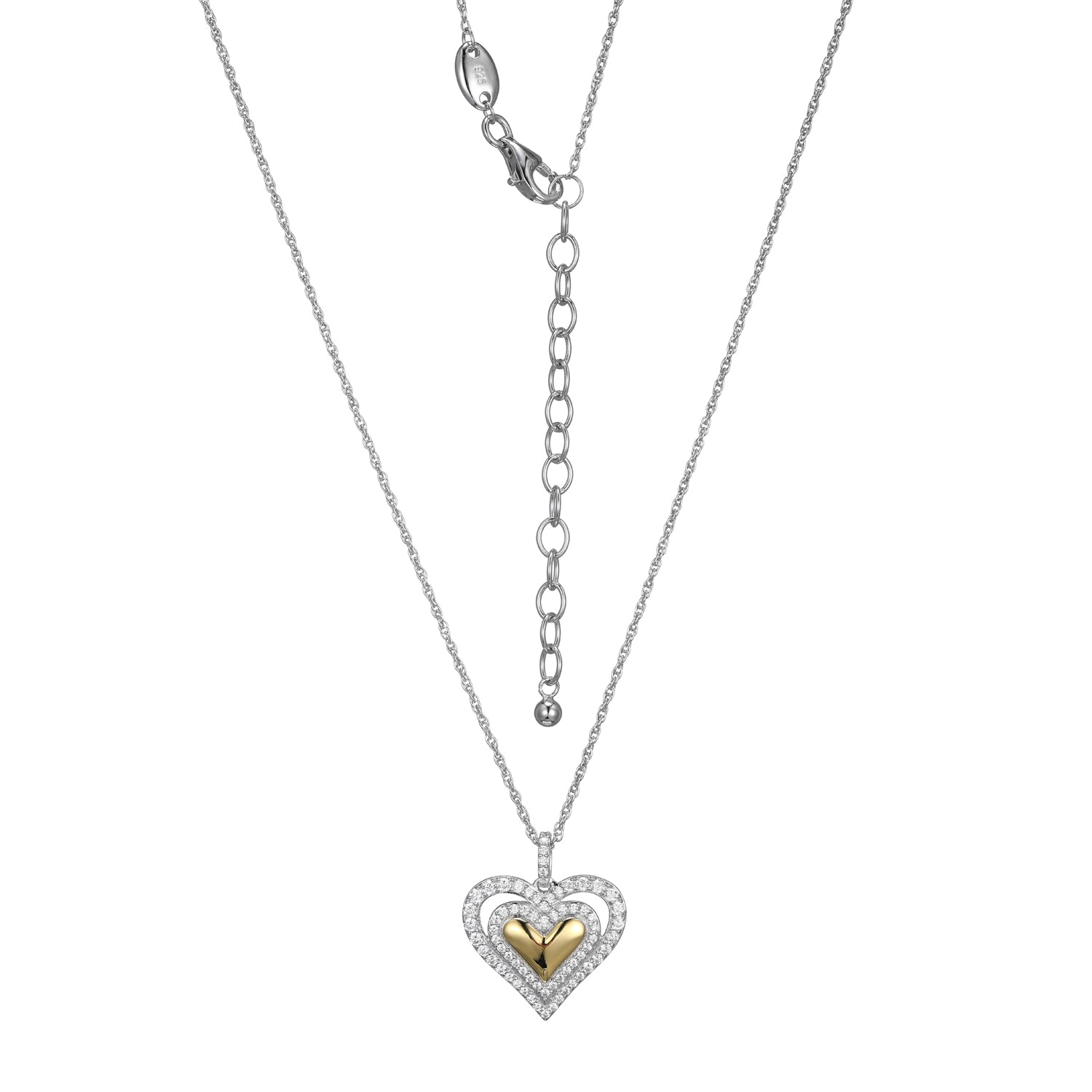 This Necklace From The Serena Collection Showcases A Dazzling Heart-shaped Cubic Zirconia Pendant, Blending Elegance And Charm. Crafted From Sterling Silver With Rhodium And Gold Finish, It Features A 17â€ Rope Chain With 2â€ Extender For A Perfect Fit.